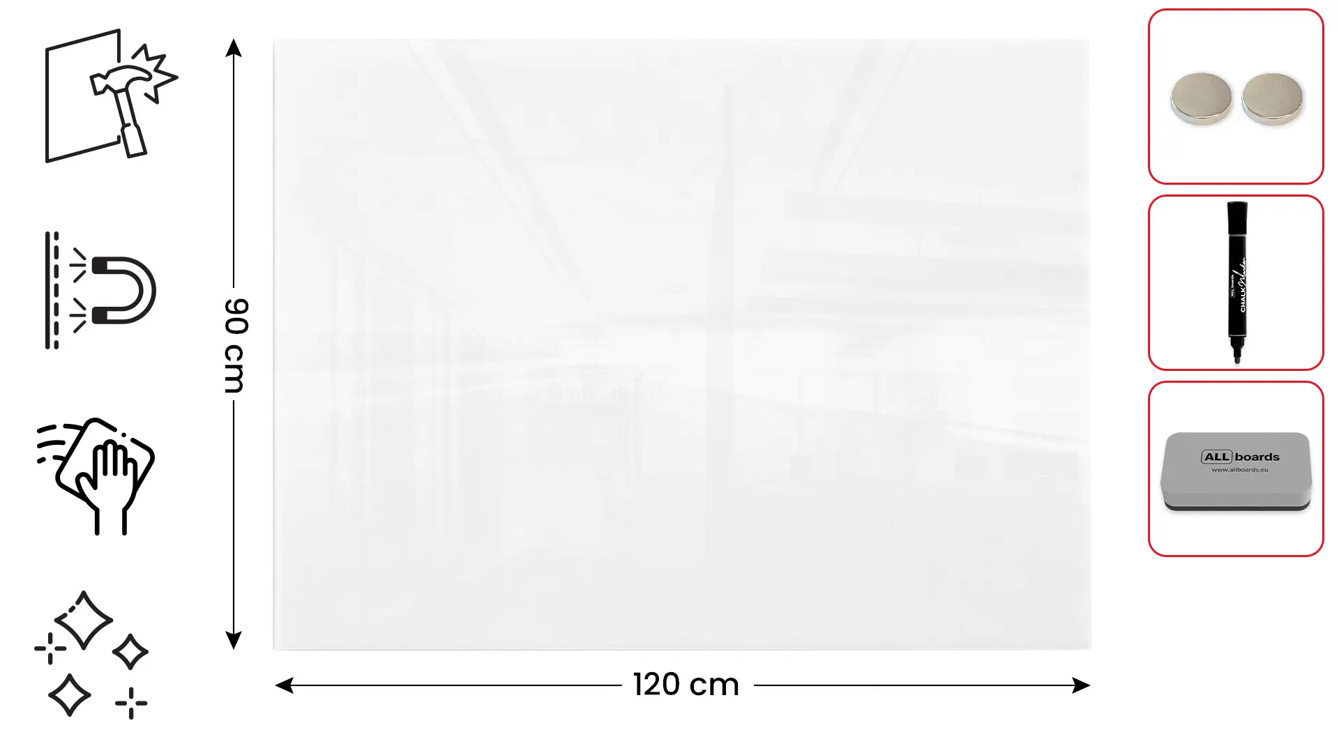 Tableau Blanc en Verre PREMIUM SUPERWHITE 120x90cm, Tableau Magnétique sans Cadre, Verre Trempé + ACCESSOIRES