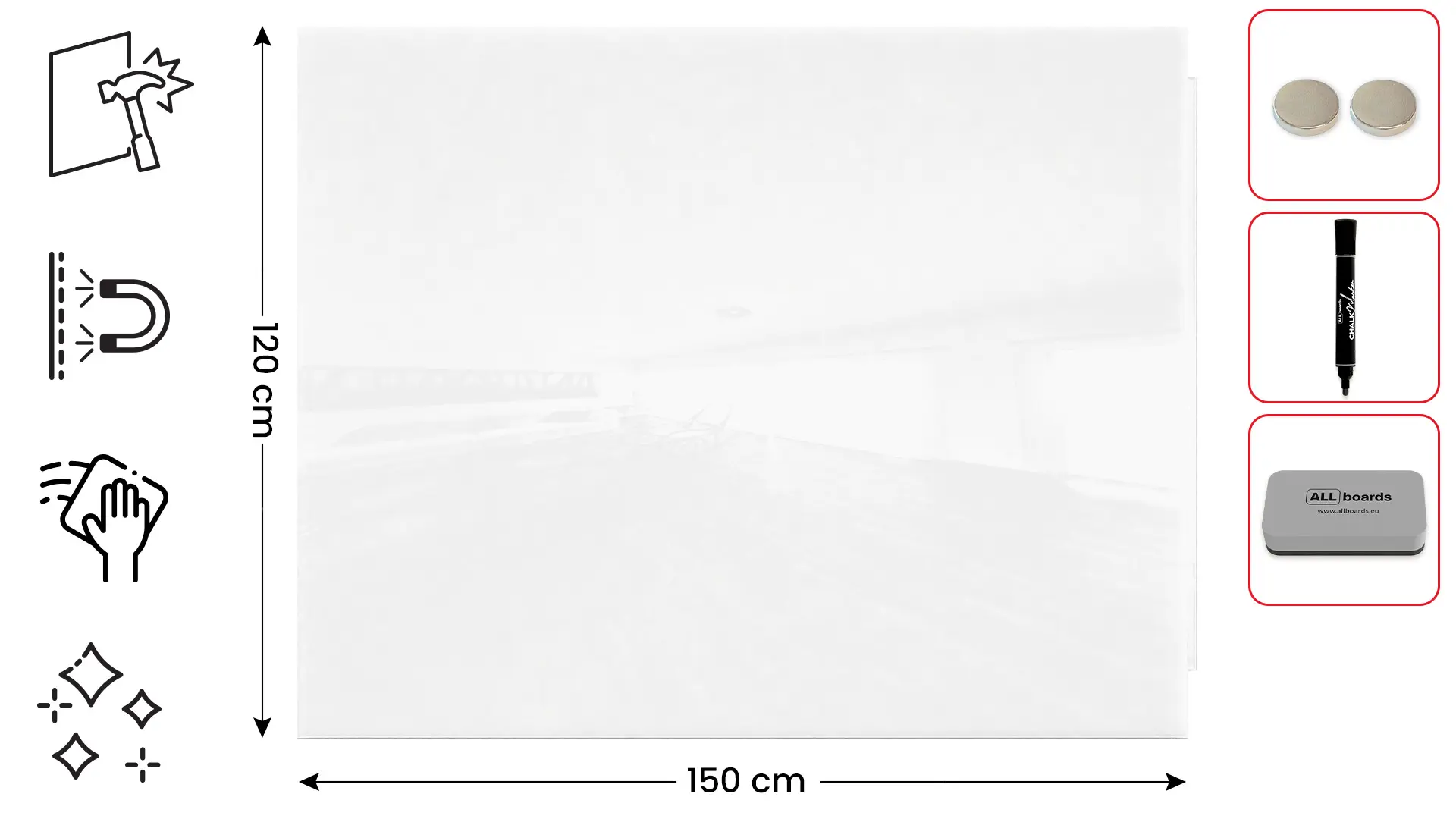 Tableau Blanc en Verre PREMIUM SUPERWHITE 150x120cm, Tableau Magnétique sans Cadre, Verre Trempé + ACCESSOIRES