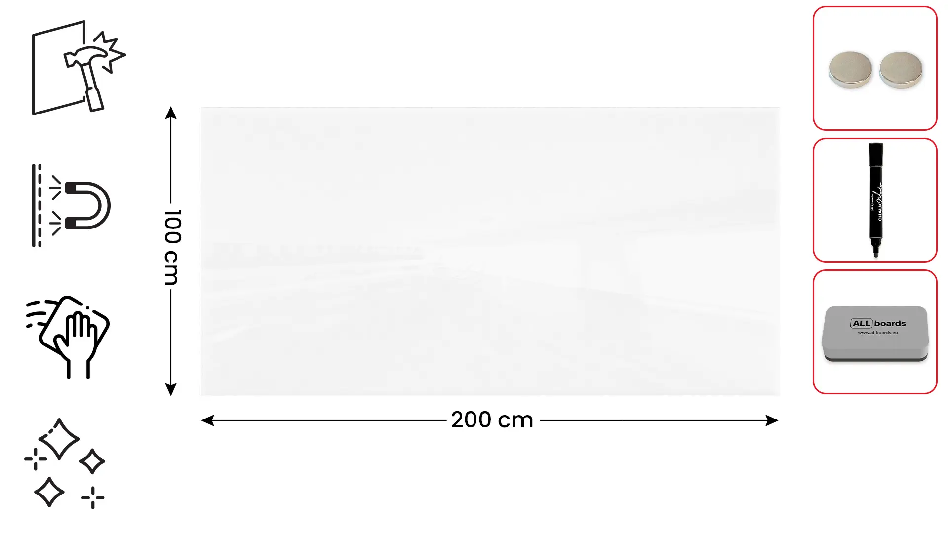 Tableau Blanc en Verre PREMIUM SUPERWHITE 200x100cm, Tableau Magnétique sans Cadre, Verre Trempé + ACCESSOIRES