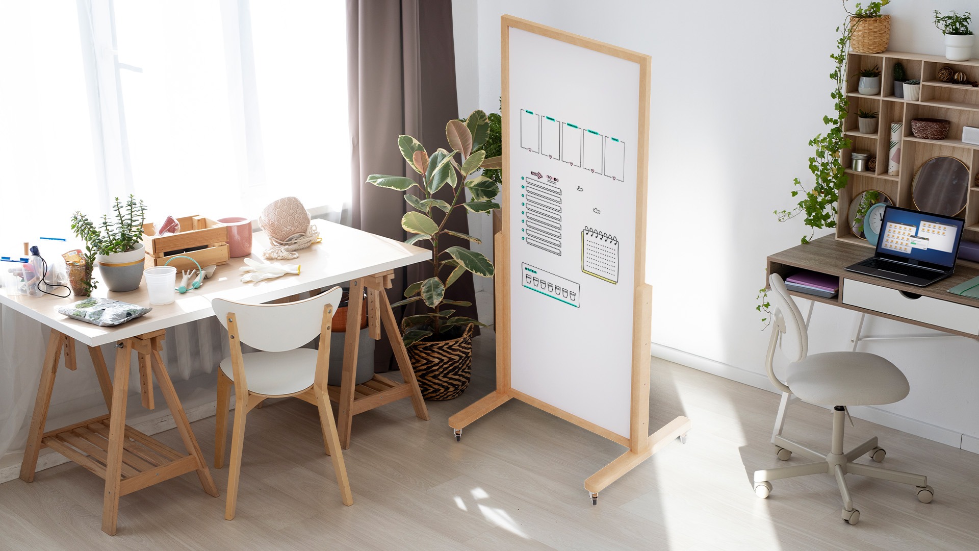 Tableau magnétique vertical effaçable à sec mobile 167×73 cm avec cadre en bois naturel – Image 3