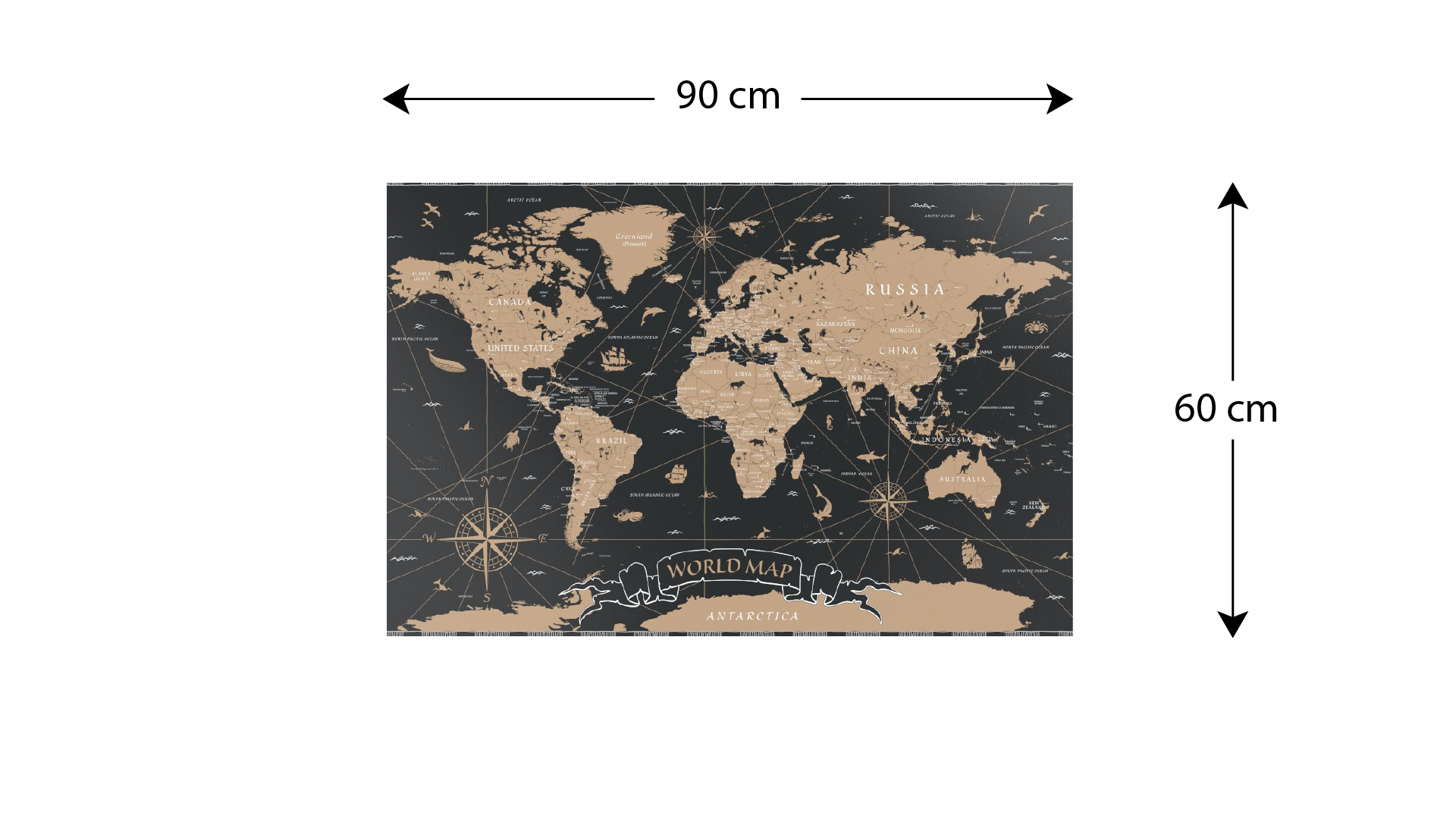 Tableau Magnétique en Métal Motif Carte du Monde Noir Vintage 90x60cm, MetalBoards pour tout type d'Aimants – Image 4