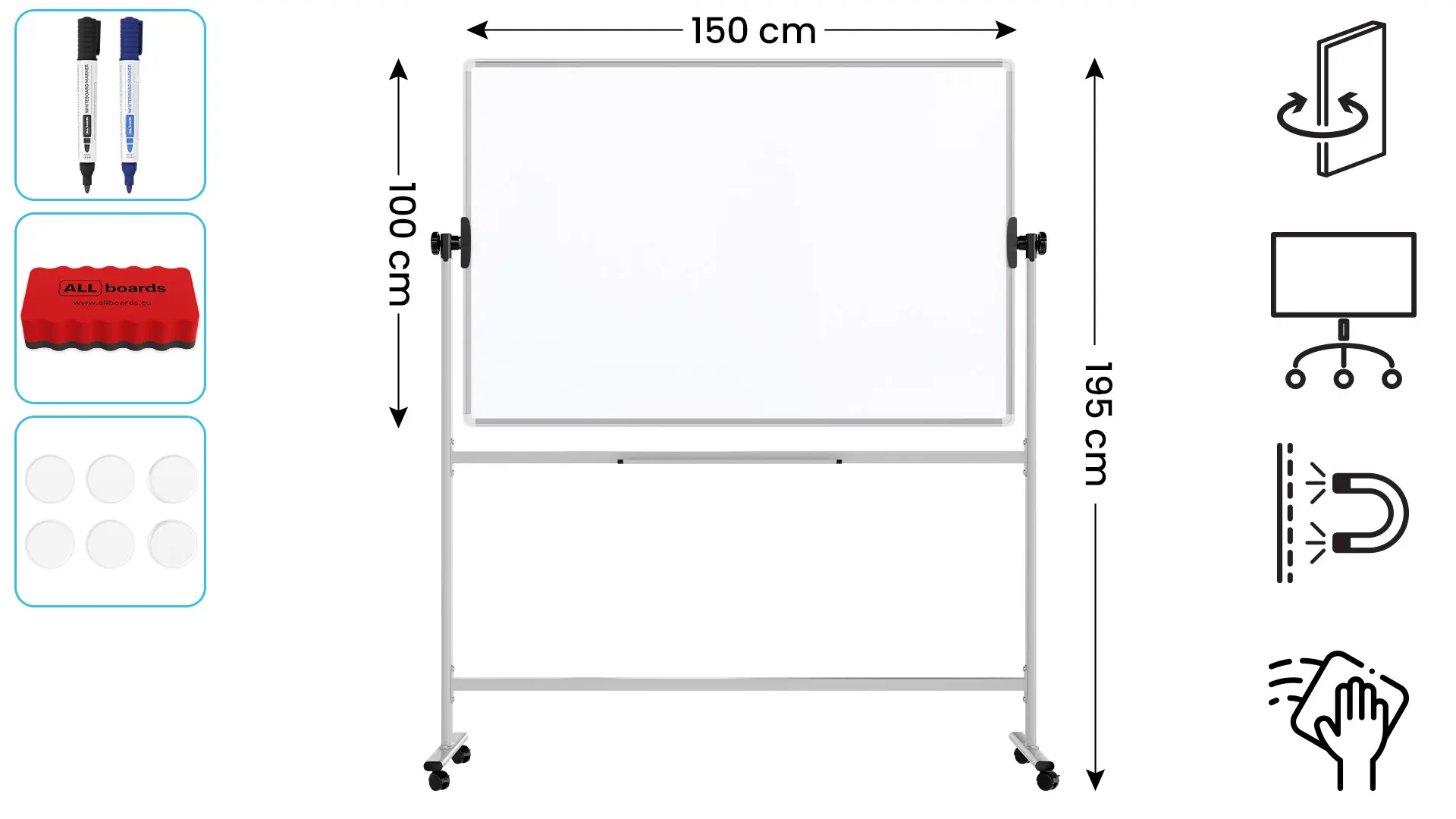 Tableau blanc mobile TM Idea magnétique rotatif double face effaçable à sec 150x100 cm - Série FLEX – Image 2