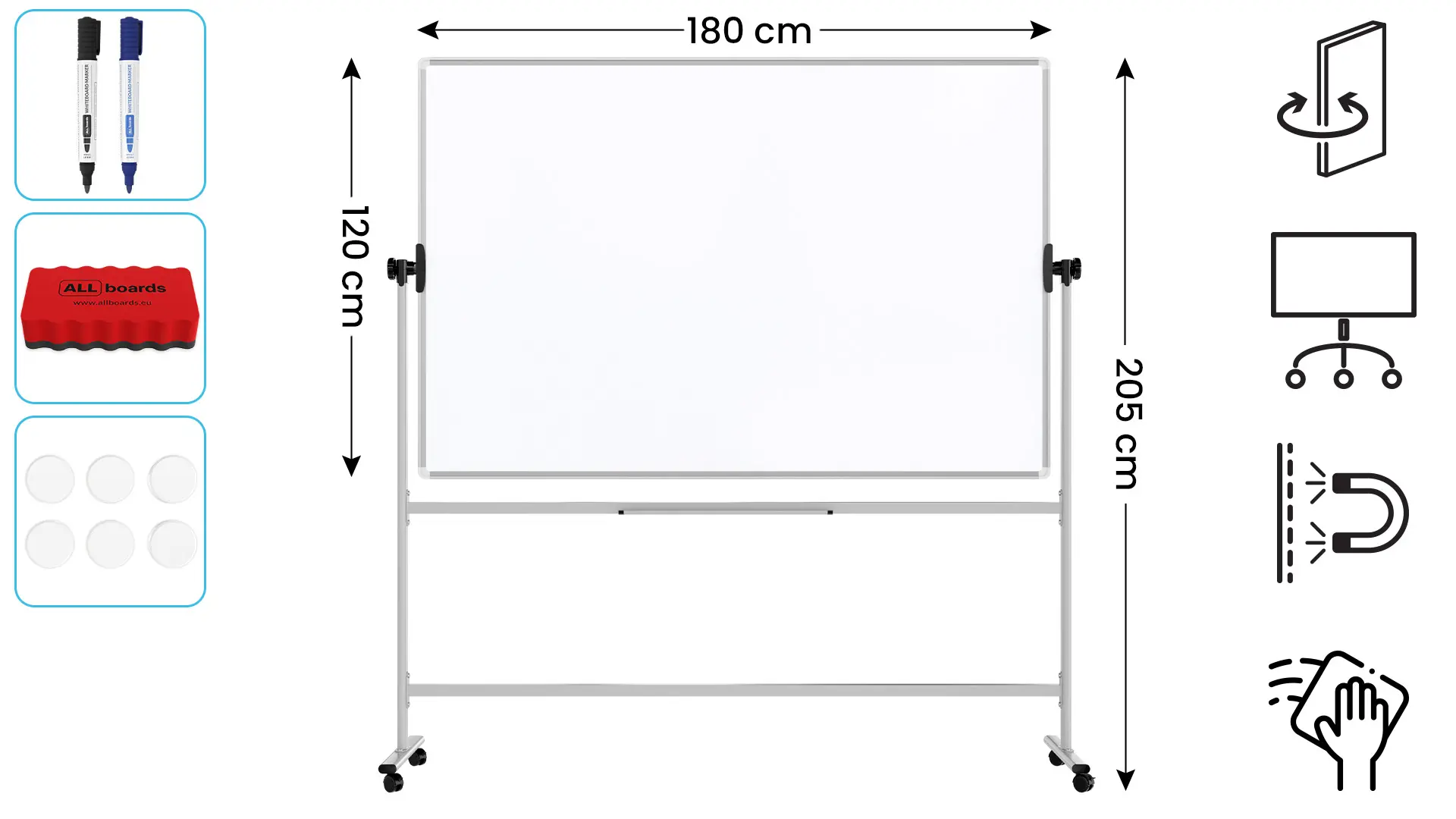 Tableau blanc mobile TM Idea magnétique rotatif double face effaçable à sec 180x120 cm - Série FLEX