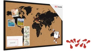Tableau en liège CARTE DU MONDE cadre en bois NOIR 90x60 cm + Accessoires