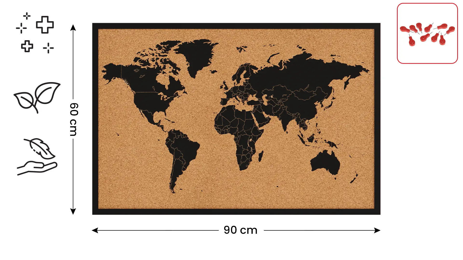 Tableau en liège CARTE DU MONDE cadre en bois NOIR 90x60 cm + Accessoires – Image 2