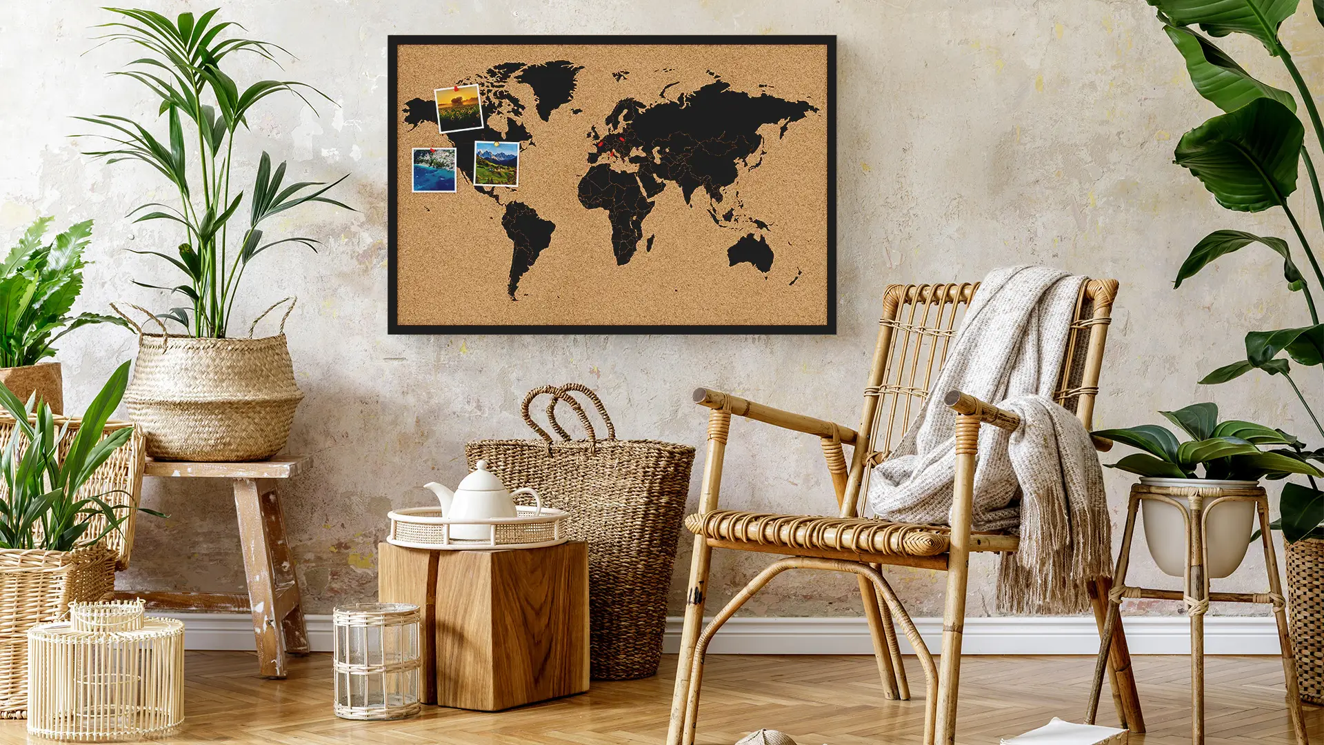 Tableau en liège CARTE DU MONDE cadre en bois NOIR 90x60 cm + Accessoires – Image 4