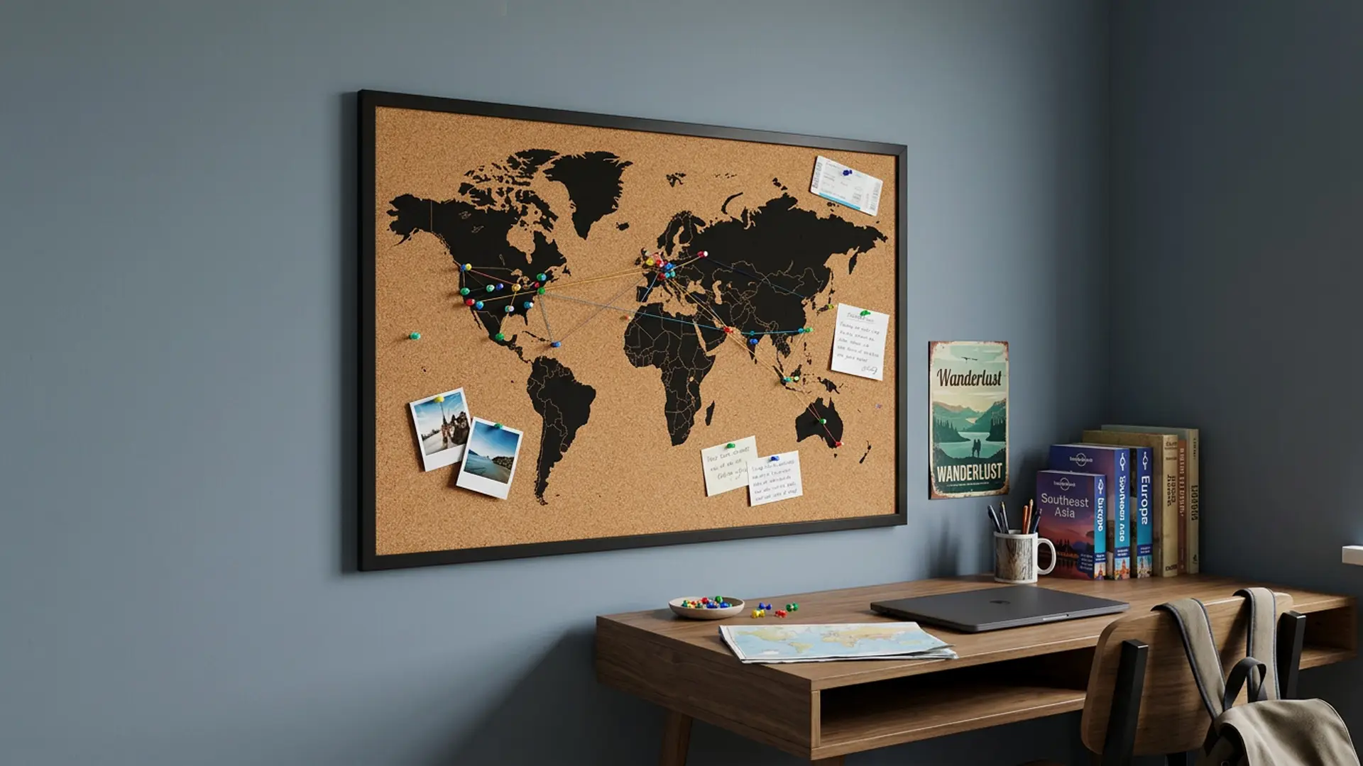 Tableau en liège CARTE DU MONDE cadre en bois NOIR 90x60 cm + Accessoires – Image 8