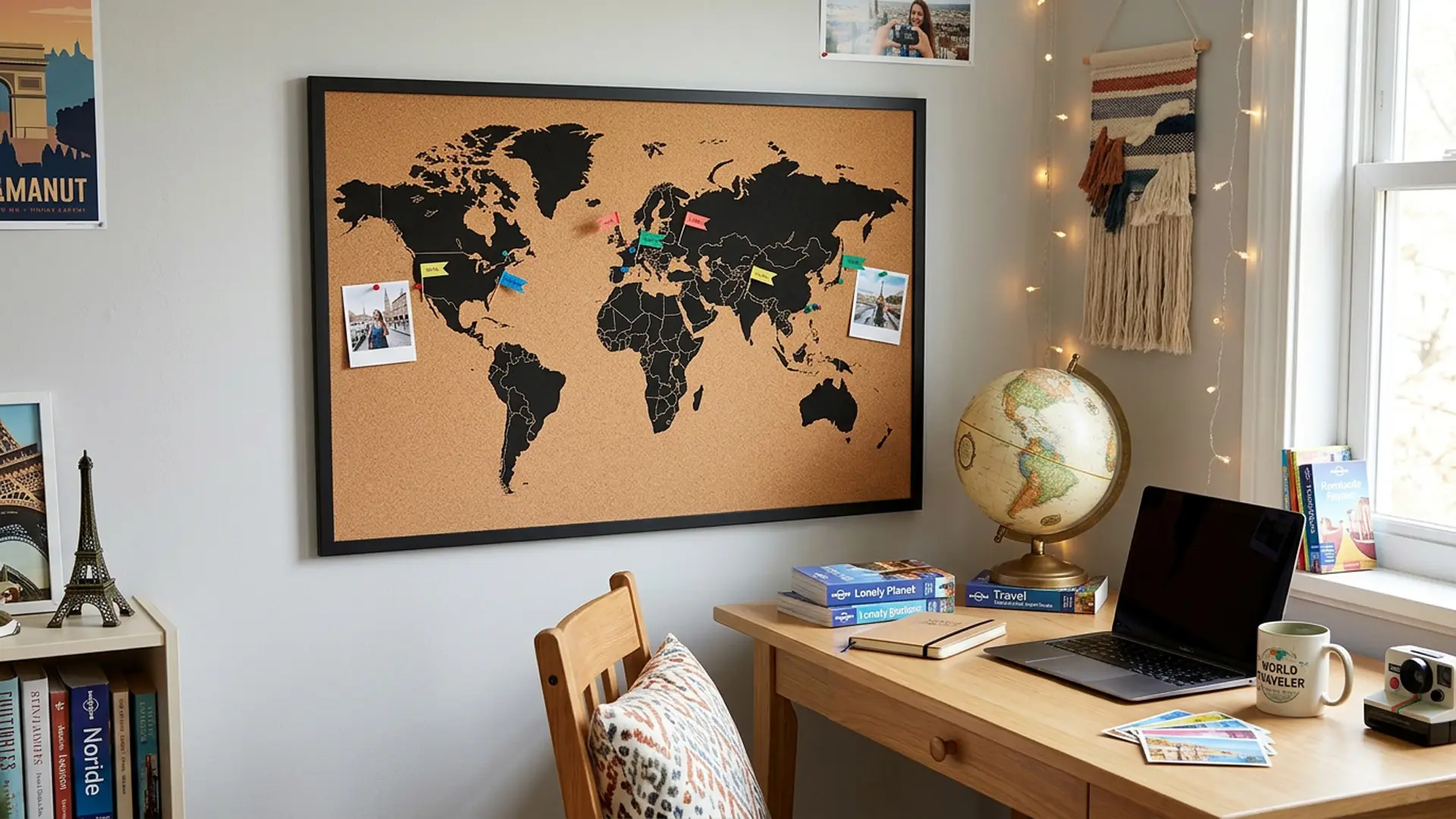 Tableau en liège CARTE DU MONDE cadre en bois NOIR 90x60 cm + Accessoires – Image 9