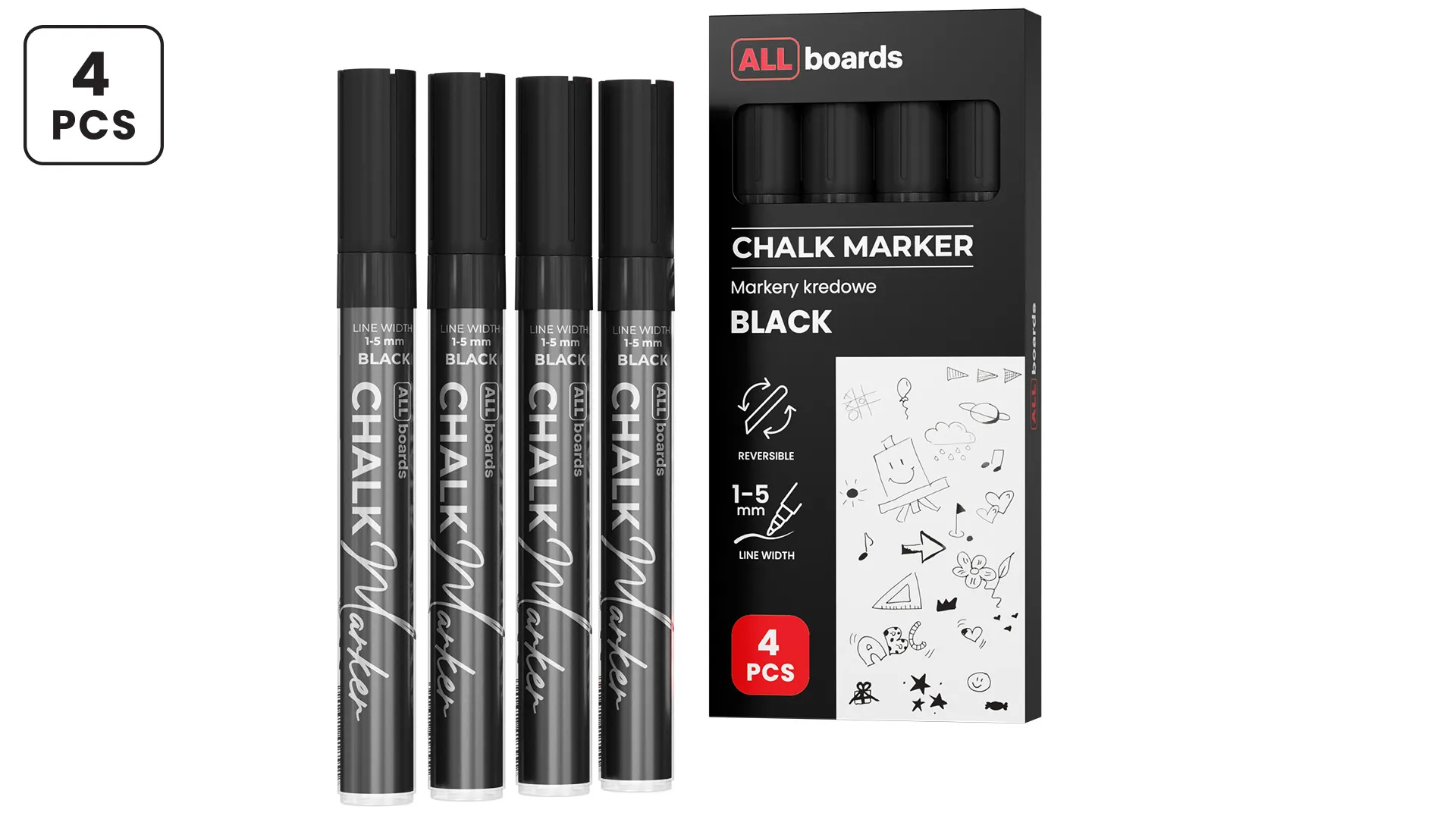 Set de marqueurs à craie ALLboards - 4 pièces noir