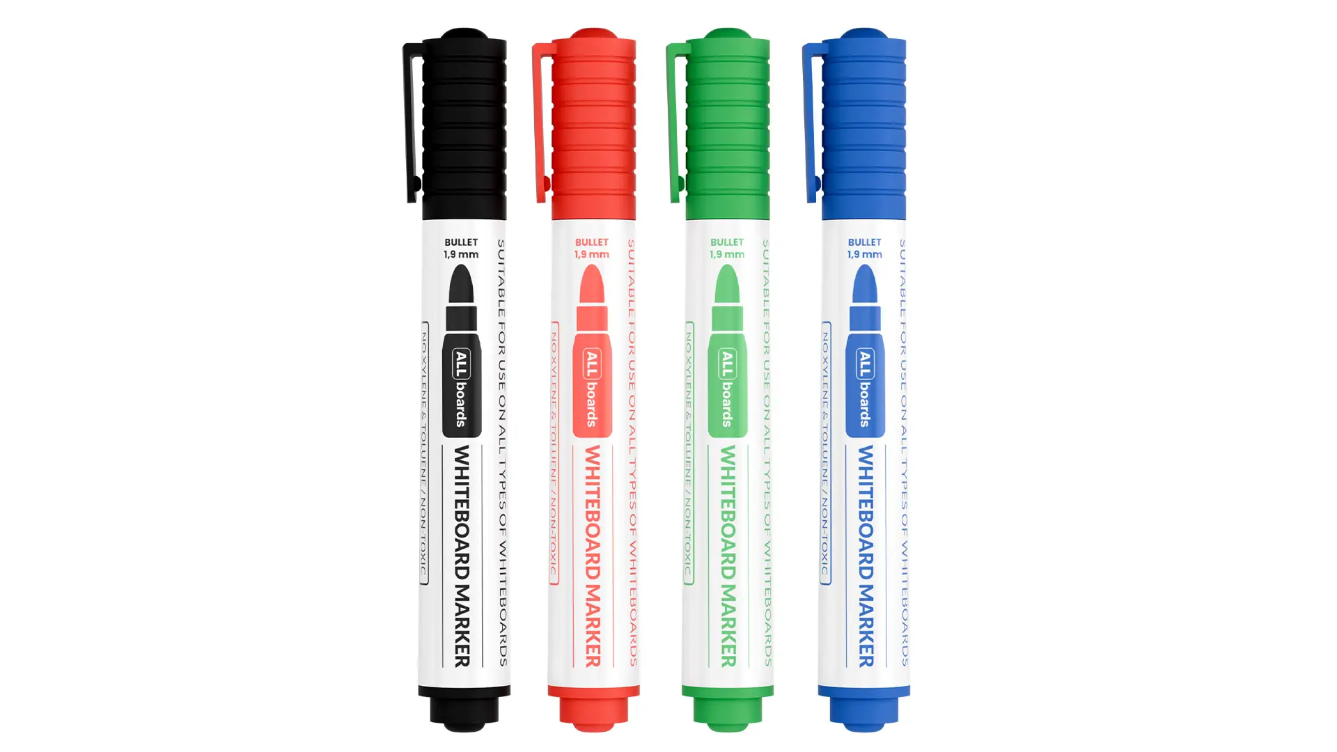 Set de marqueurs effaçables à sec ALLboards - 4 couleurs : Noir, Vert, Bleu, Rouge