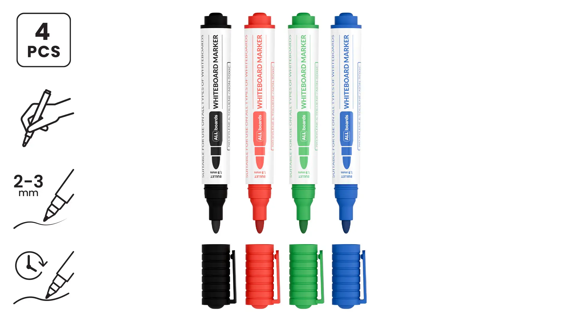 Set de marqueurs effaçables à sec ALLboards - 4 couleurs : Noir, Vert, Bleu, Rouge – Image 2