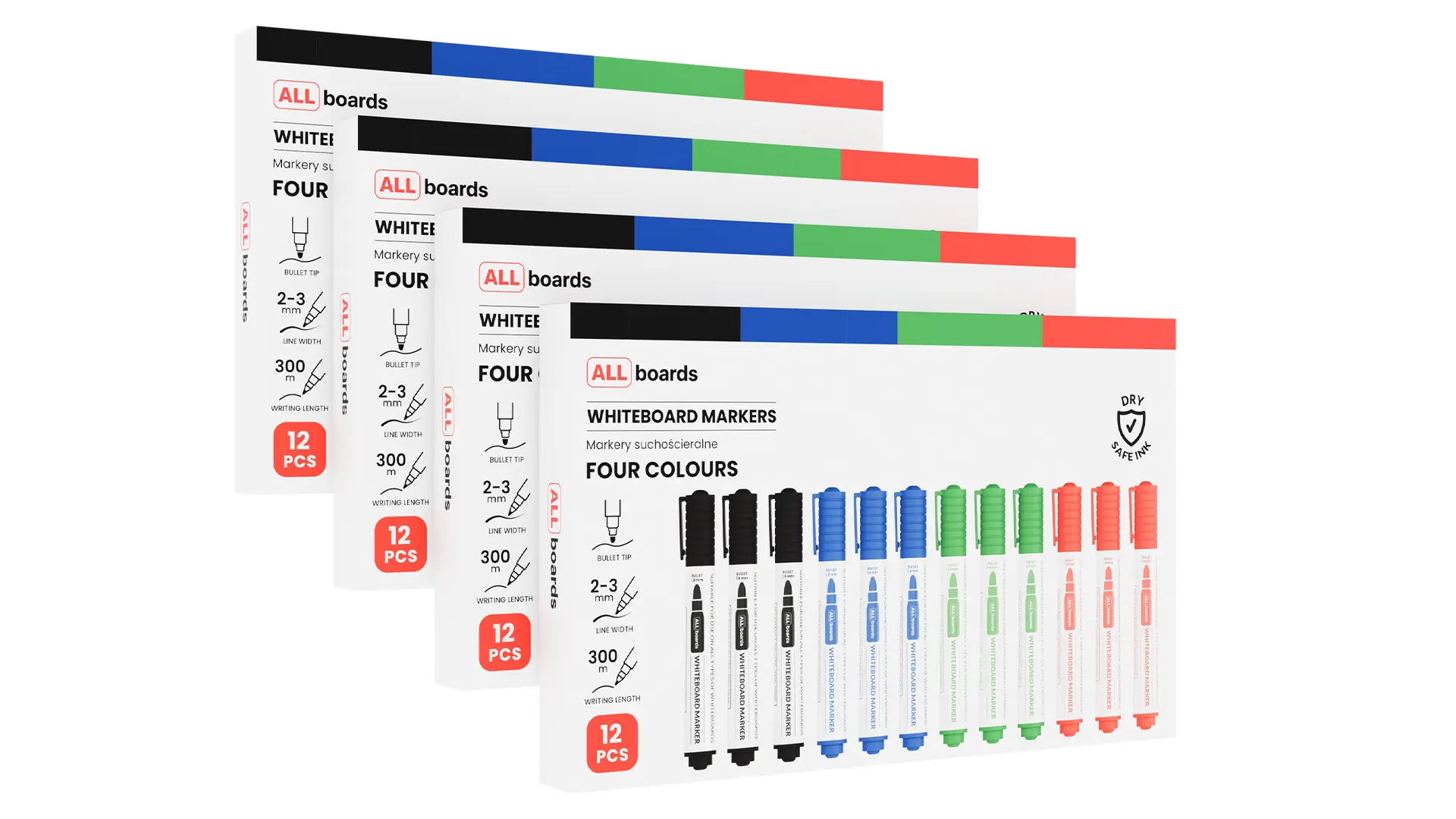 Set de marqueurs effaçables à sec ALLboards - 4 couleurs x 12 - 48 pièces – Image 3