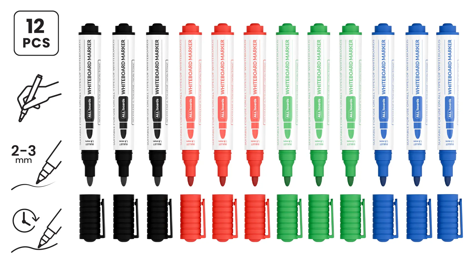 Set de marqueurs pour tableaux effaçables à sec ALLboards – 3 x 4 couleurs – 12 pièces