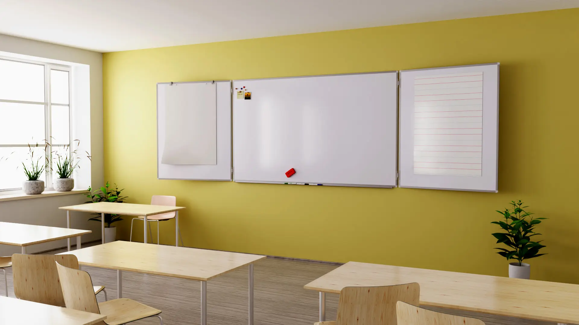 Tableau Blanc Emaillé Scolaire Type Triptyque avec Cadre en Aluminium 120x200 // 400 cm – Image 2