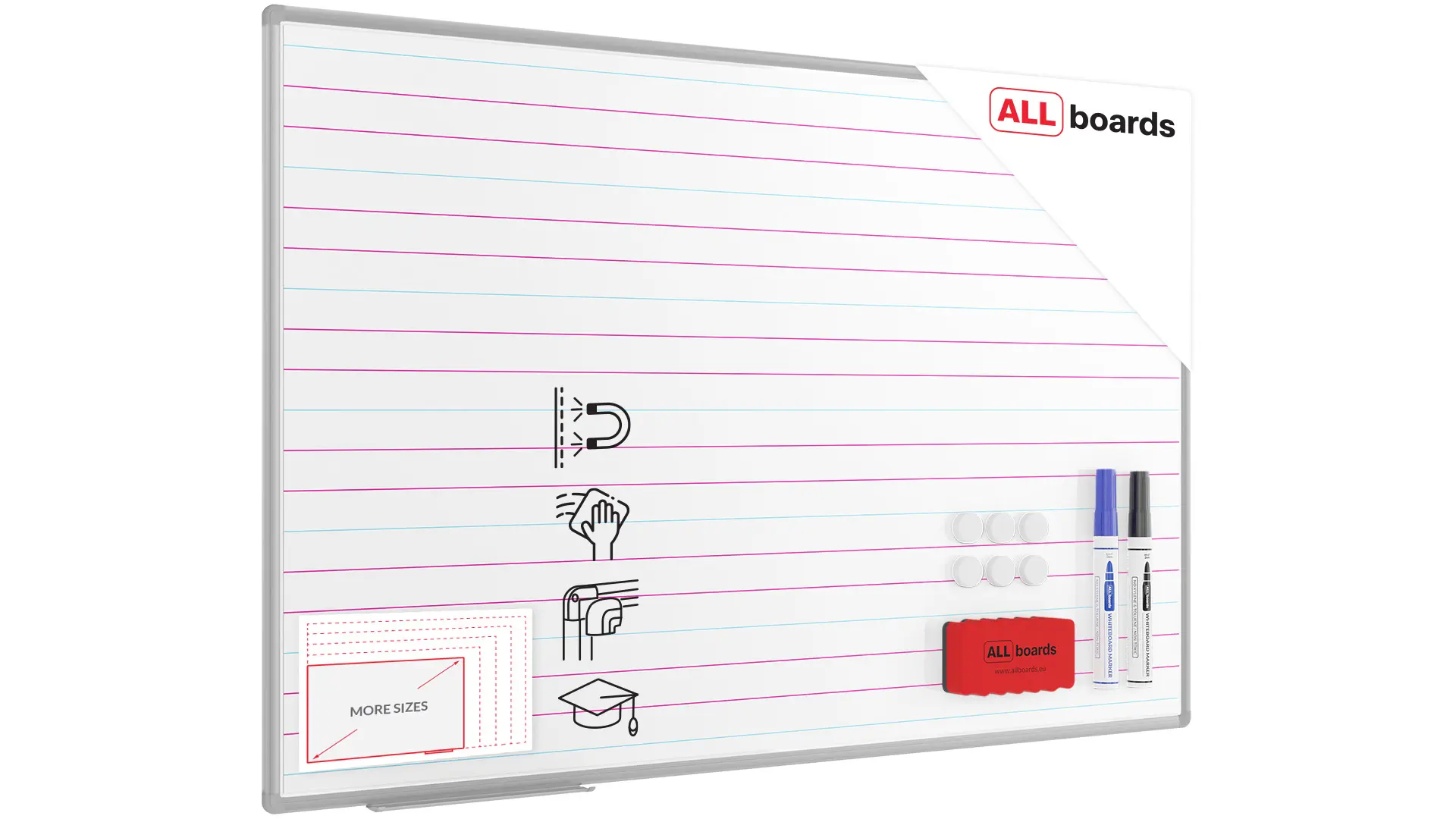 Tableau magnétique effaçable à sec 150x100 + ensemble d'accessoires - Lignage Triple