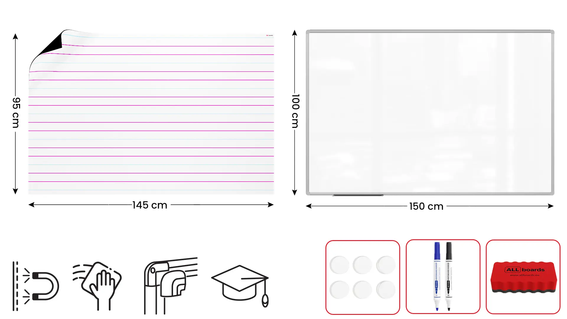 Tableau magnétique effaçable à sec 150x100 + ensemble d'accessoires - Lignage Triple – Image 2