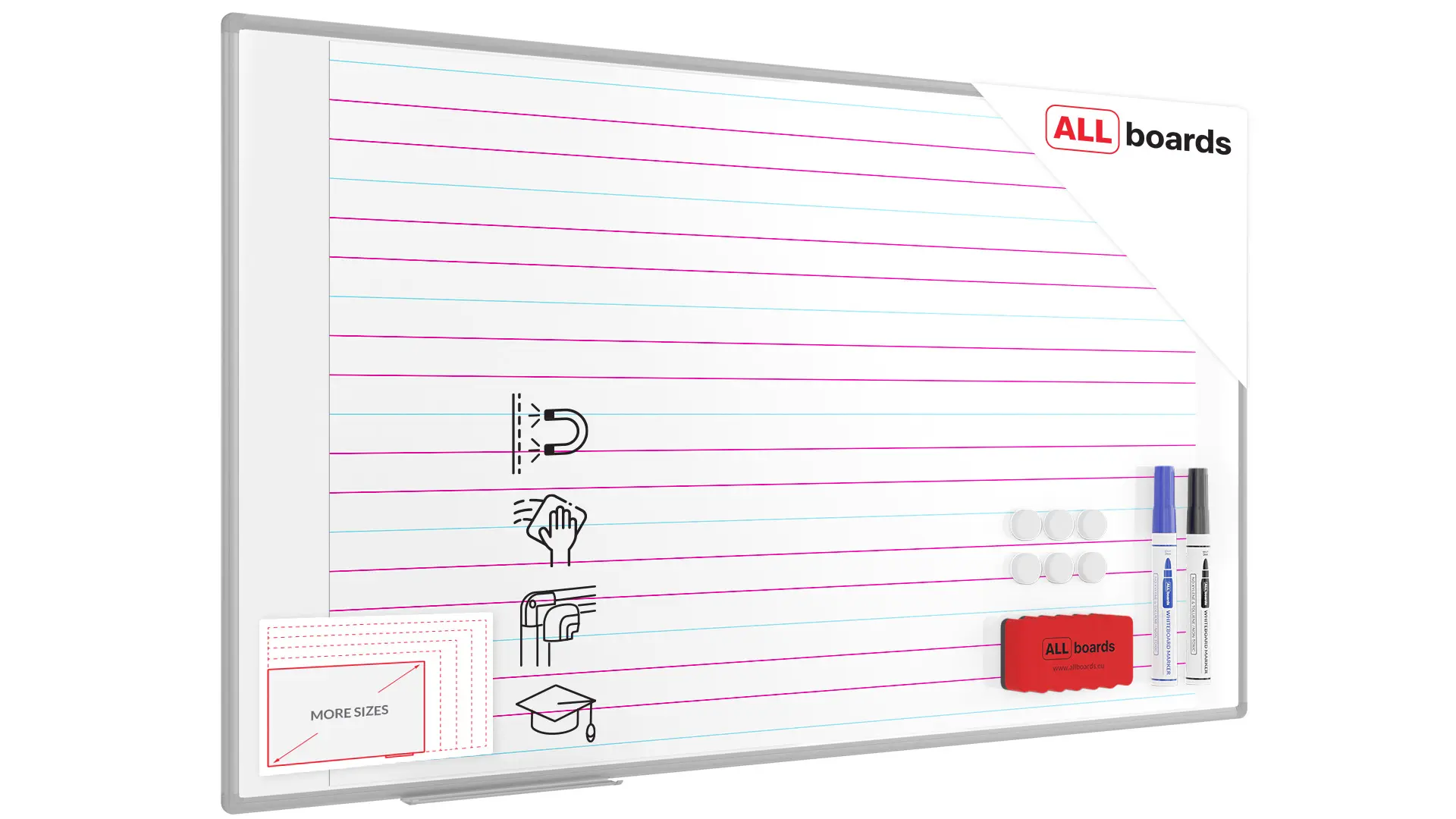 Tableau magnétique effaçable à sec 170x100 + ensemble d'accessoires - Lignage Triple