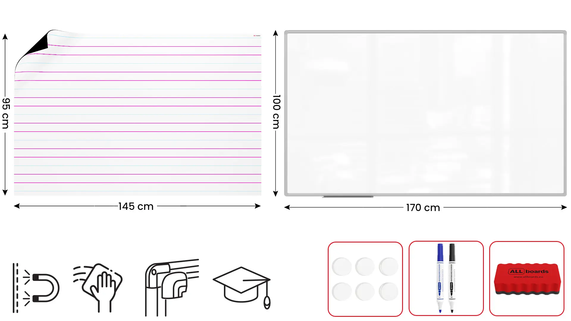 Tableau magnétique effaçable à sec 170x100 + ensemble d'accessoires - Lignage Triple – Image 2