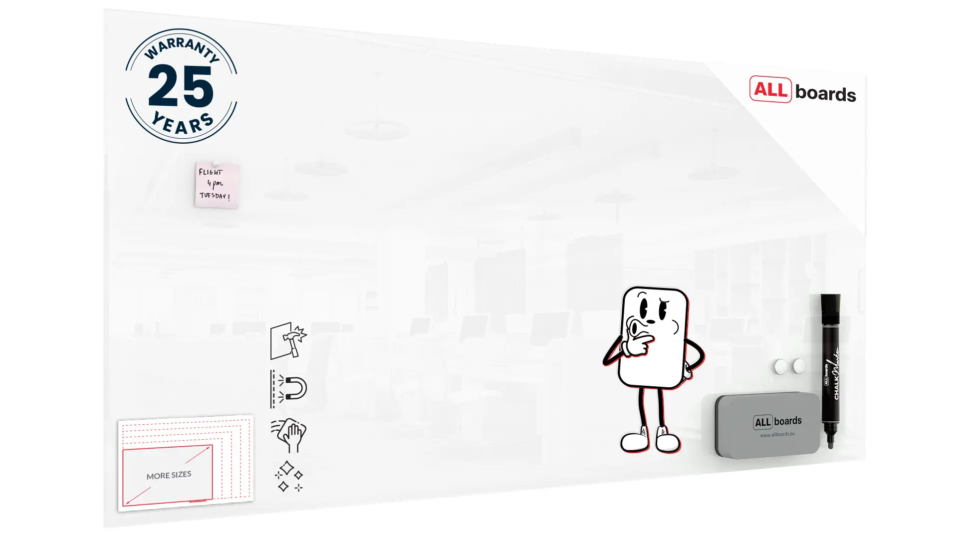 Tableau Blanc en Verre CLASSIC WHITE 200x100cm, Tableau Magnétique sans Cadre, Verre Trempé + ACCESSOIRES