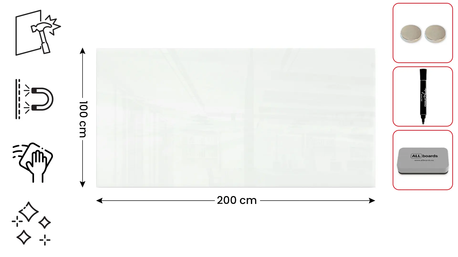 Tableau Blanc en Verre CLASSIC WHITE 200x100cm, Tableau Magnétique sans Cadre, Verre Trempé + ACCESSOIRES – Image 2