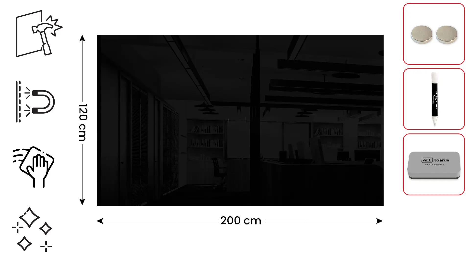 Tableau Noir en Verre 200x120cm, Tableau Magnétique sans Cadre, Verre Trempé + ACCESSOIRES – Image 2