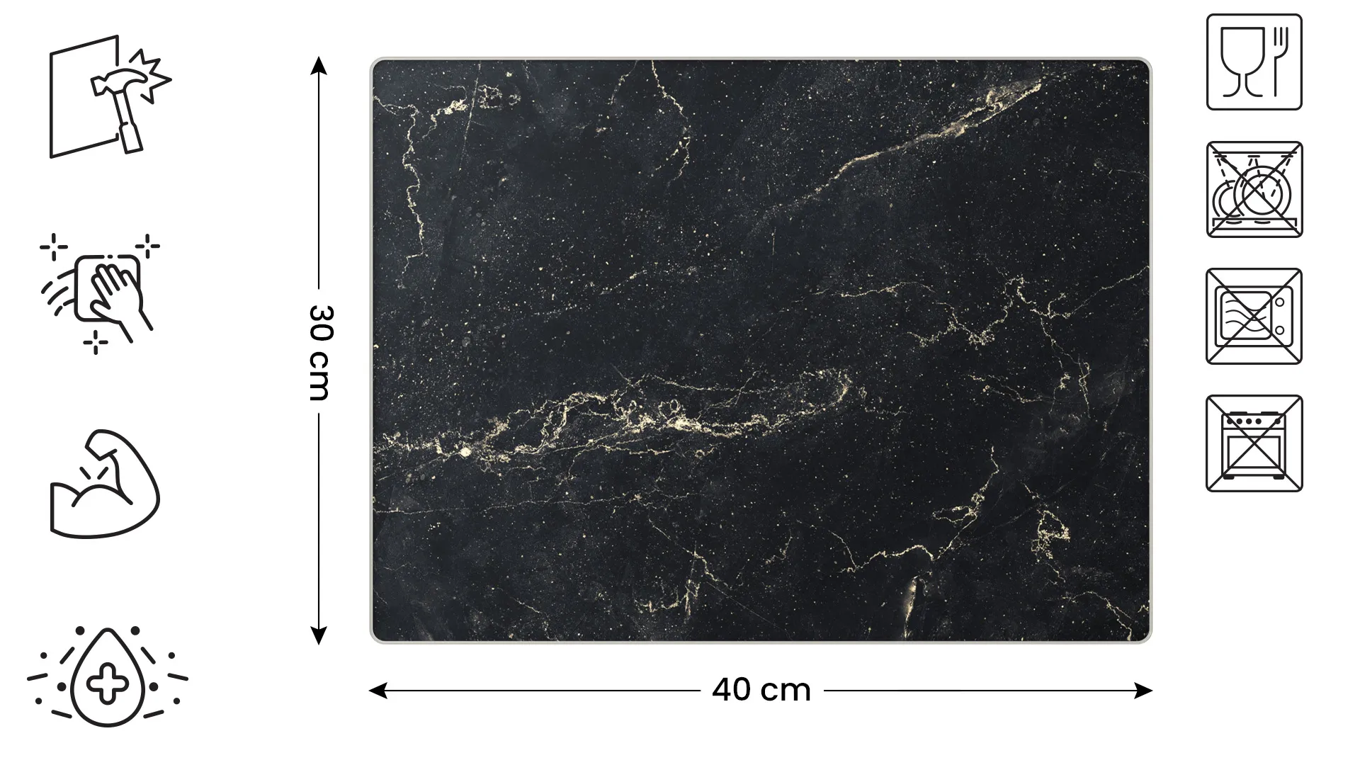 Plaque de Protection en Verre Trempé Universel et Multifonction – Planche à Découper & Plateau en Verre 30x40cm avec Motif Marbre Noir – Image 2