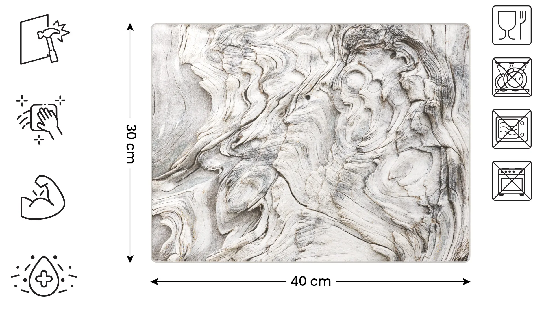 Plaque de Protection en Verre Trempé Universel et Multifonction – Planche à Découper & Plateau en Verre 30x40cm avec Motif BOIS FOSSILE – Image 2