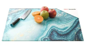 Planche à découper en verre BLEU ET OR 60 x 52 cm