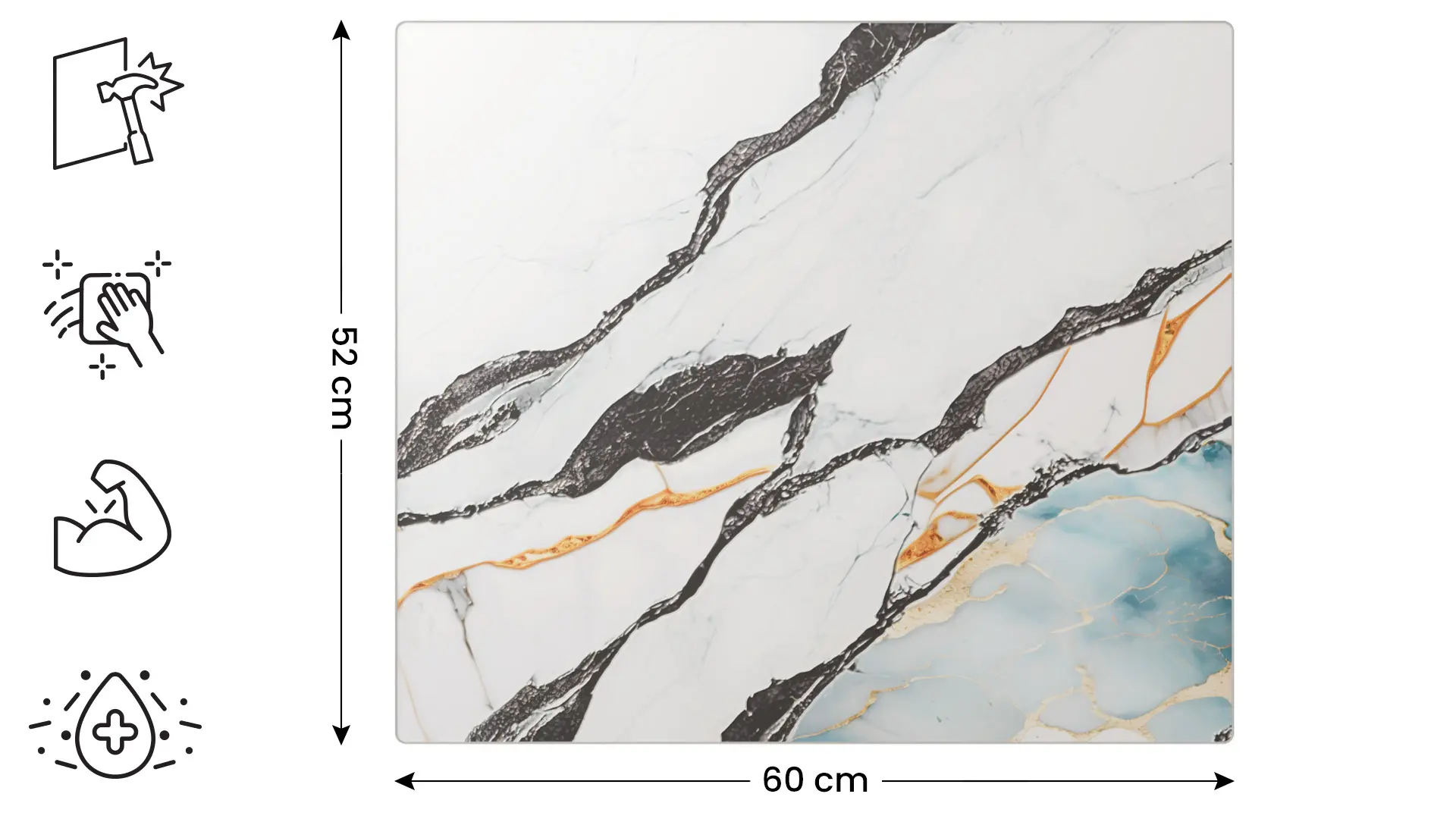 Planche à découper en verre MARBRE, BLEU ET OR 60 x 52 cm – Image 2