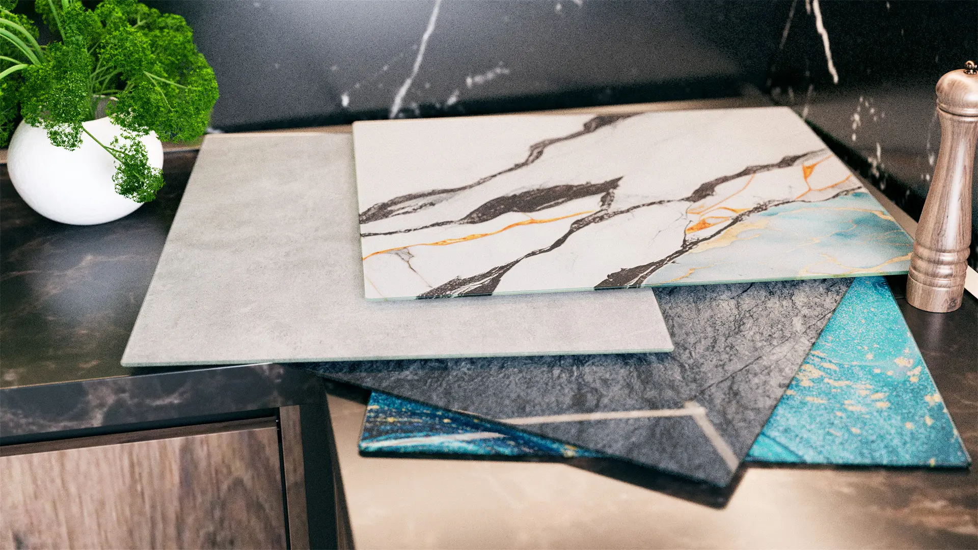 Planche à découper en verre MARBRE, BLEU ET OR 60 x 52 cm – Image 8