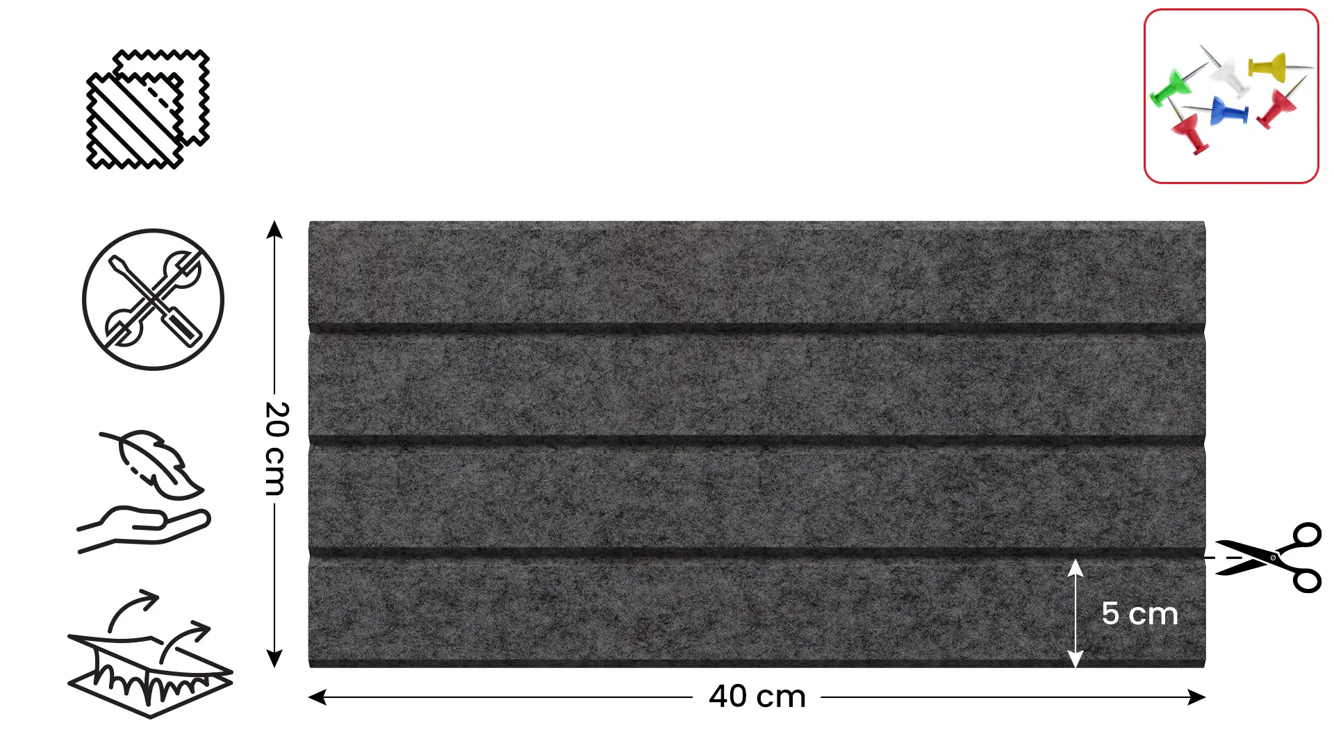 Panneau en feutre mural 40x20cm gris sombre – Image 2