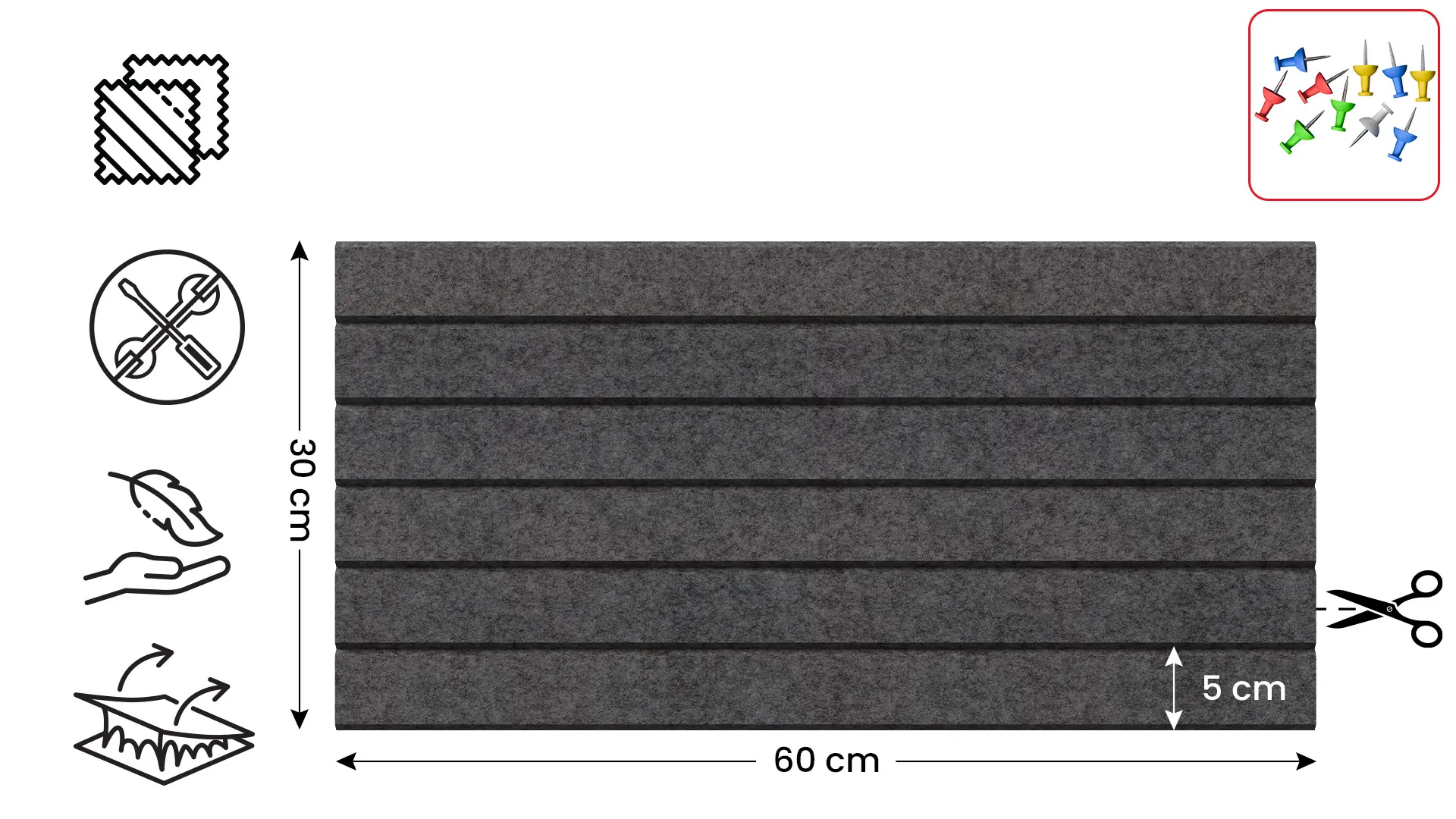 Panneau en feutre mural 60x30cm gris sombre – Image 2