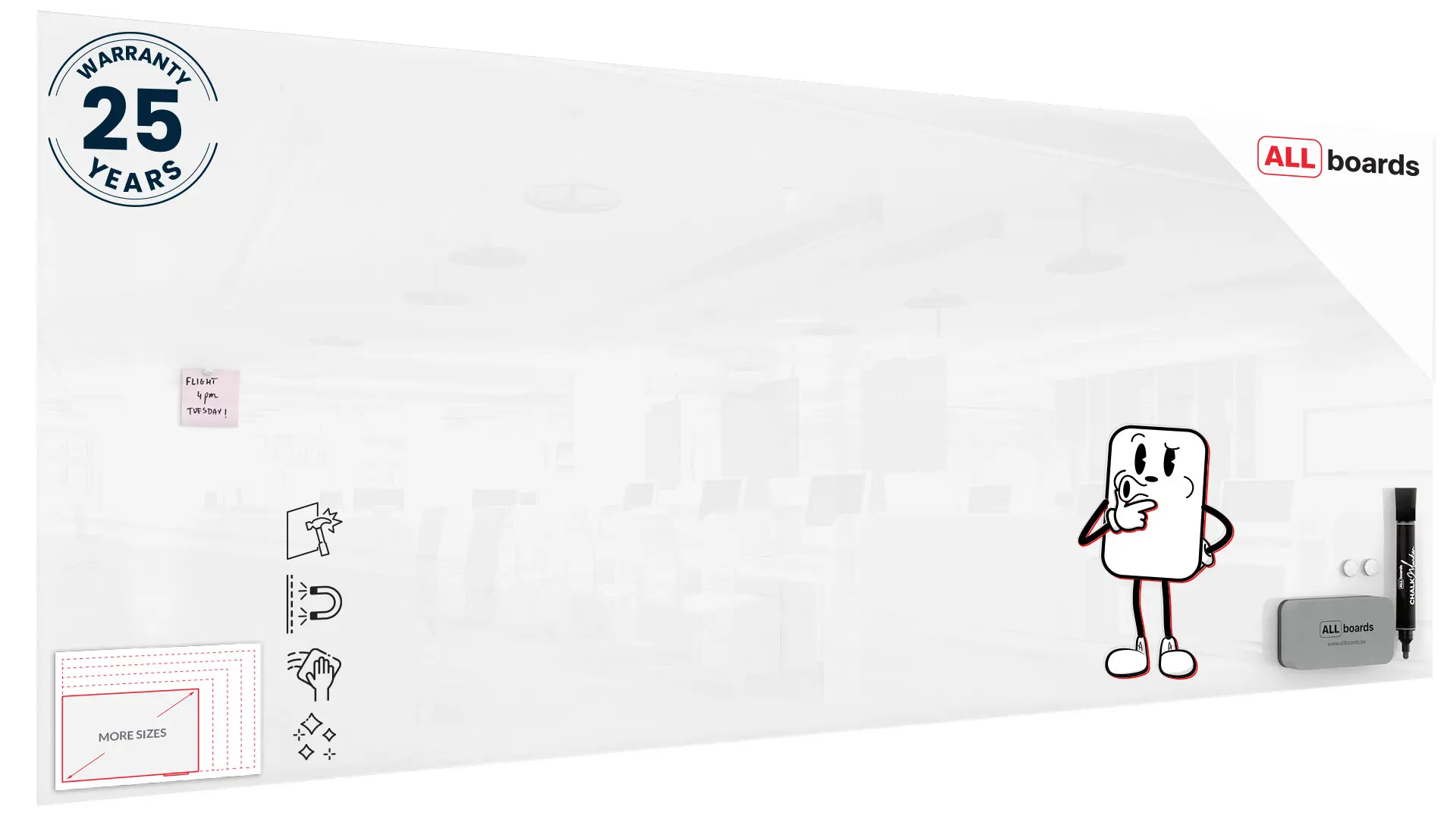 Tableau Blanc en Verre PREMIUM SUPERWHITE 300x120cm, Tableau Magnétique sans Cadre, Verre Trempé + ACCESSOIRES