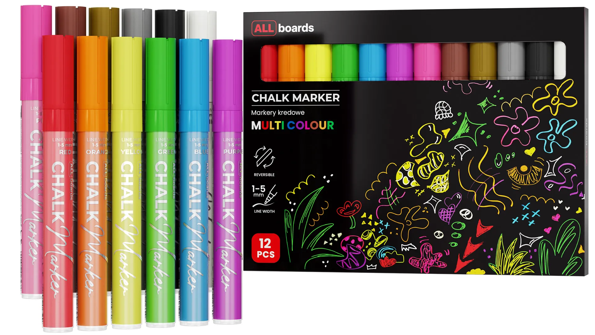 Lot de marqueurs à craie liquide ALLboards – 12 pièces de différentes couleurs