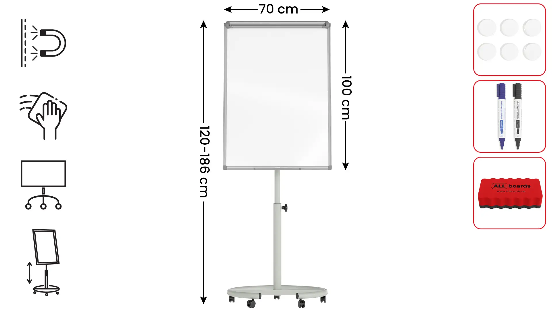 Tableau de conférence magnétique effaçable à sec, mobile, 100 x 70 cm, argenté + ACCESSOIRES – Image 2