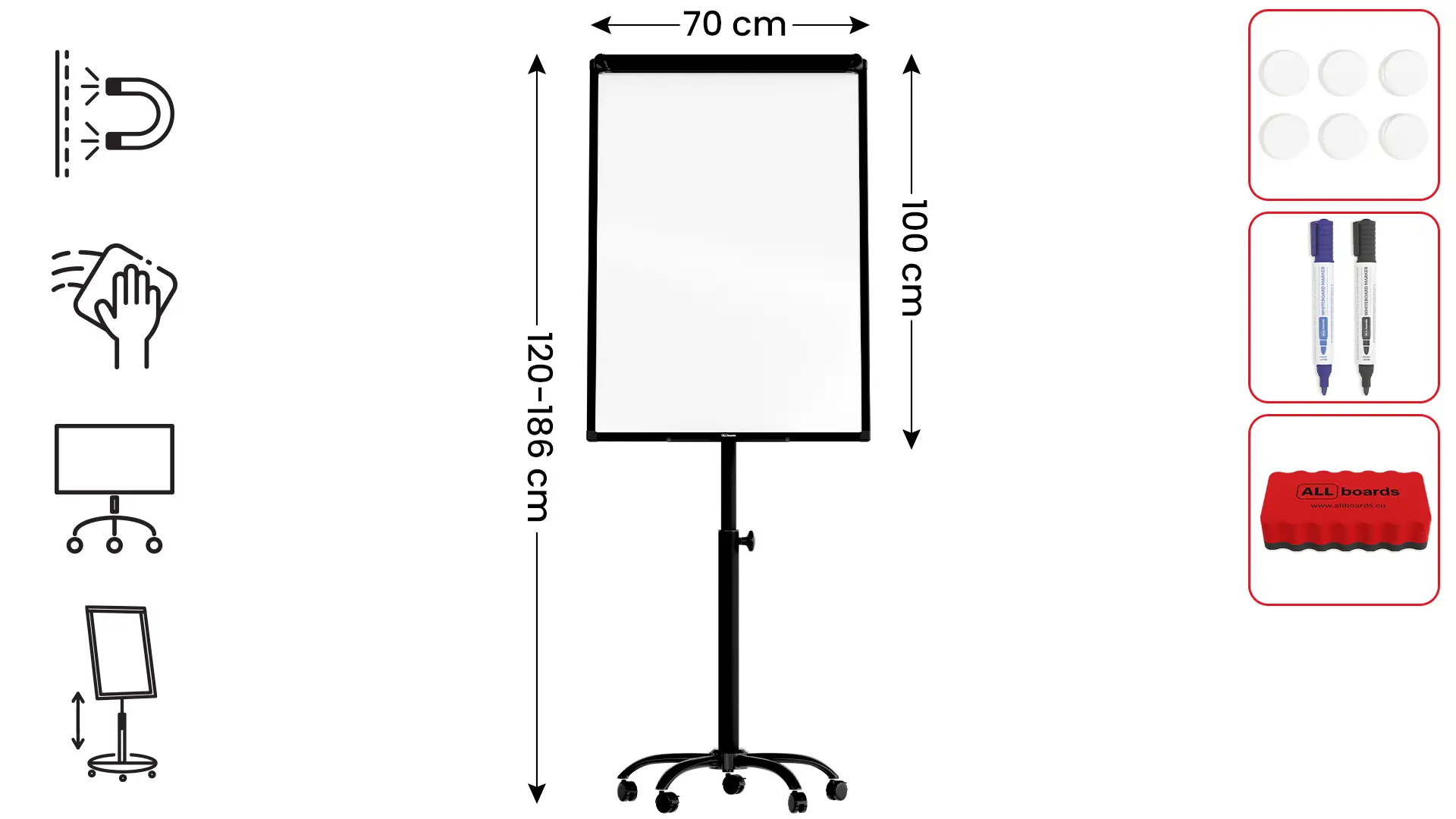 Tableau de conférence magnétique effaçable à sec, mobile sur roulettes, 100 x 70 cm, noir + ACCESSOIRES – Image 2