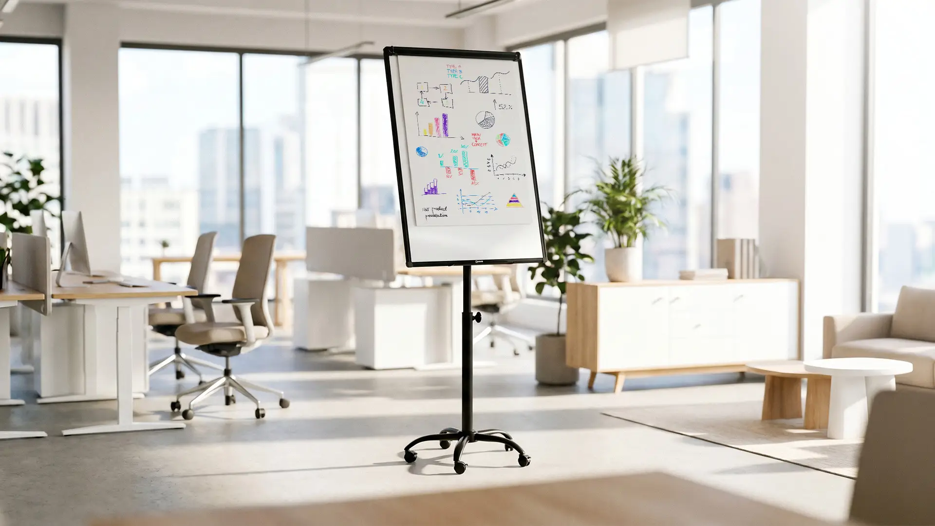 Tableau de conférence magnétique effaçable à sec, mobile sur roulettes, 100 x 70 cm, noir + ACCESSOIRES – Image 4