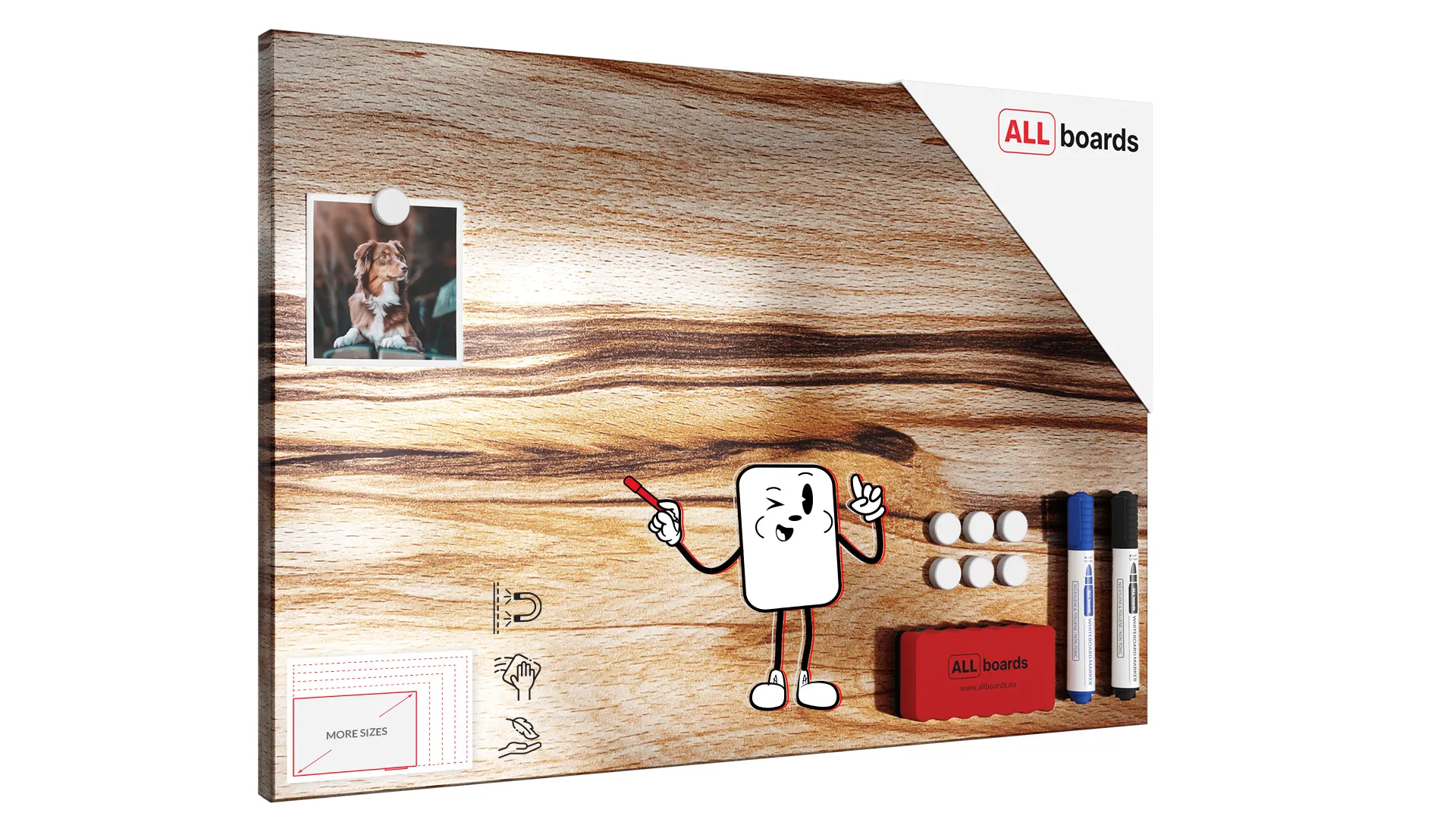 Tableau magnétique METALboards, bois exotique 60×40 cm + accessoires