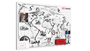 Tableau magnétique METALboards, carte du monde rétro 60×40 cm + accessoires