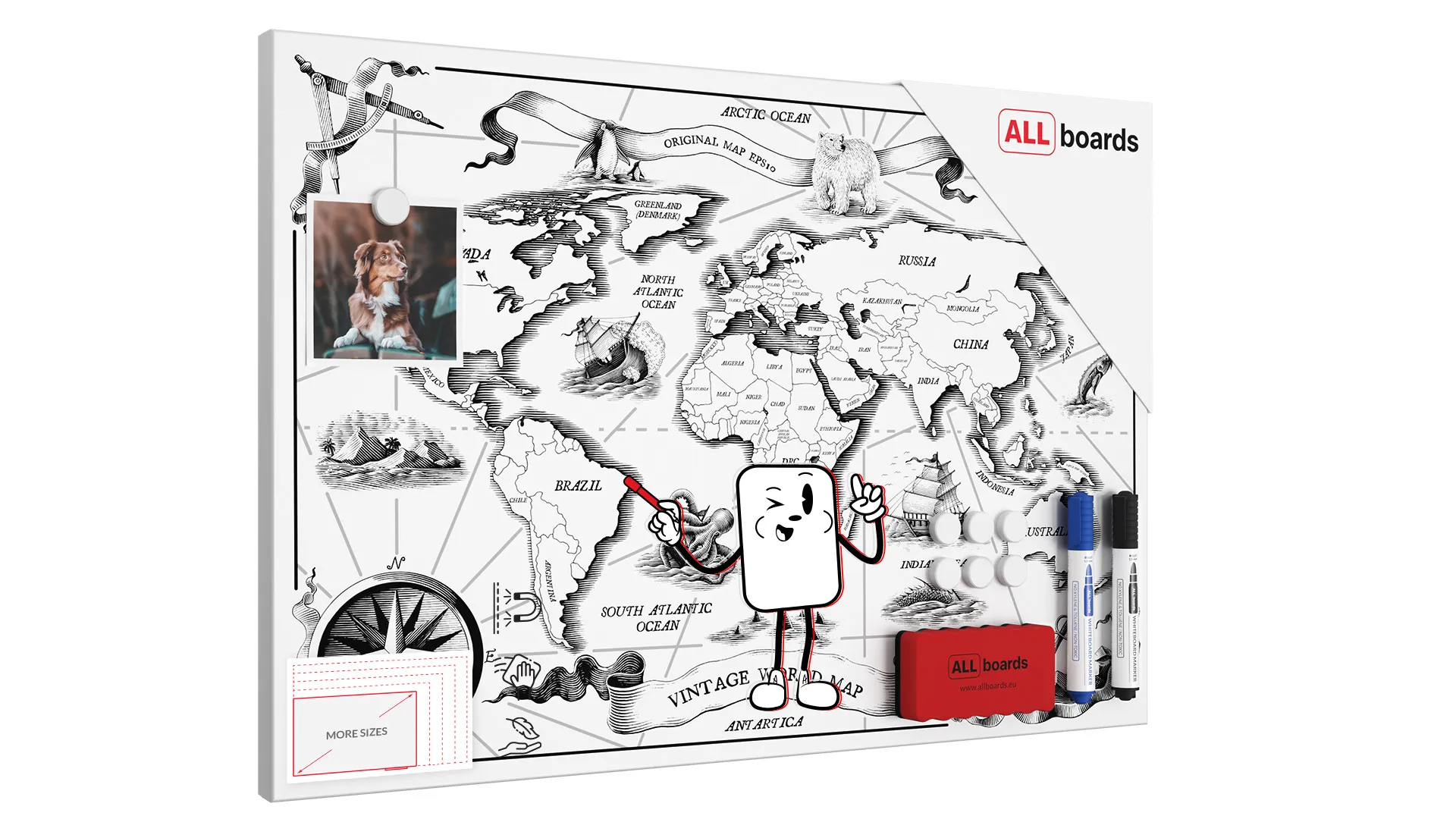 Tableau magnétique METALboards, carte du monde rétro 60×40 cm + accessoires