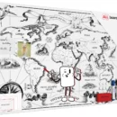 Tableau magnétique METALboards, carte du monde rétro 90×60 cm + accessoires