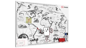 Tableau magnétique METALboards, carte du monde rétro 90×60 cm + accessoires