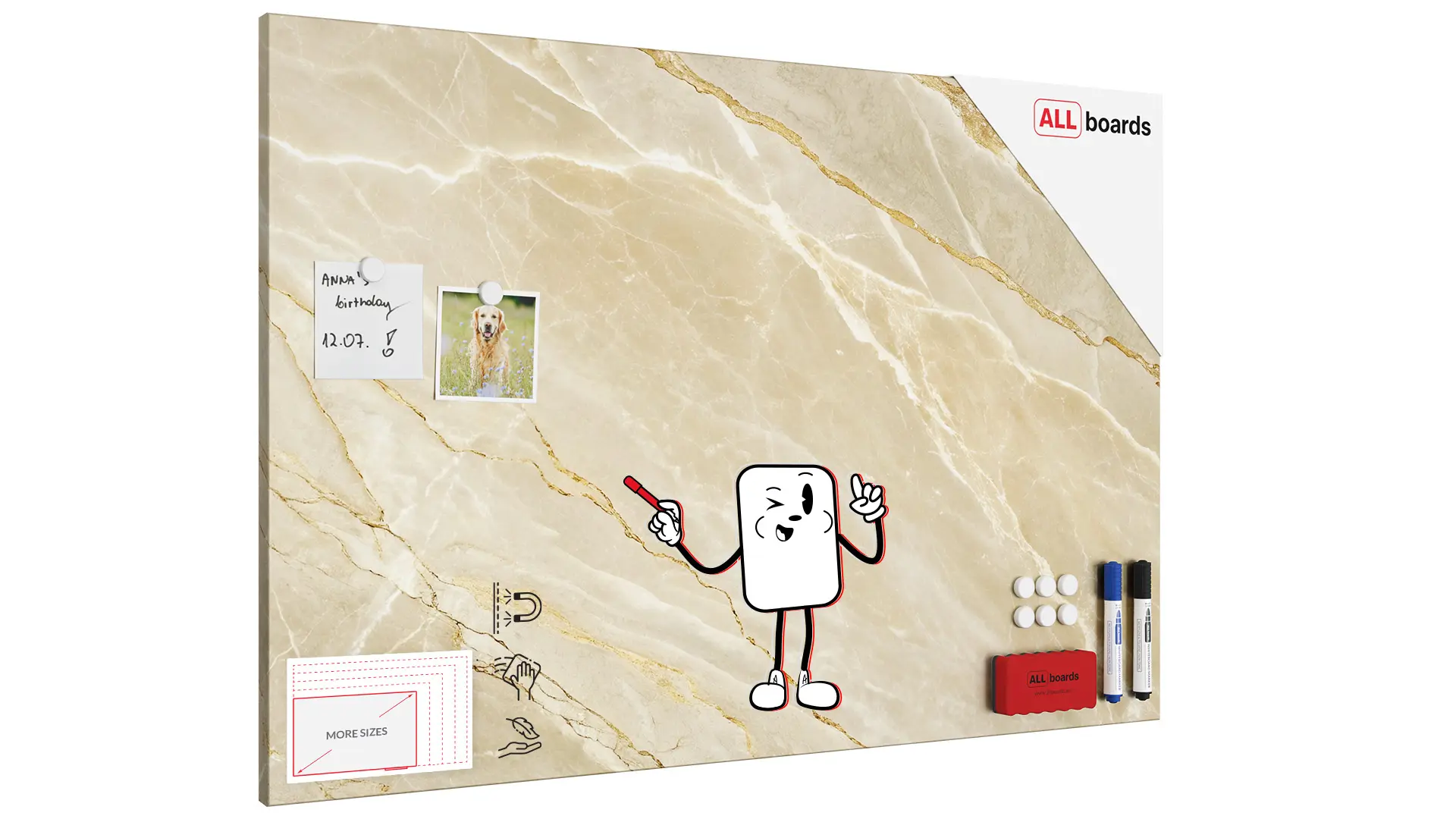Tableau magnétique METALboards, marbre beige 90×60 cm + accessoires