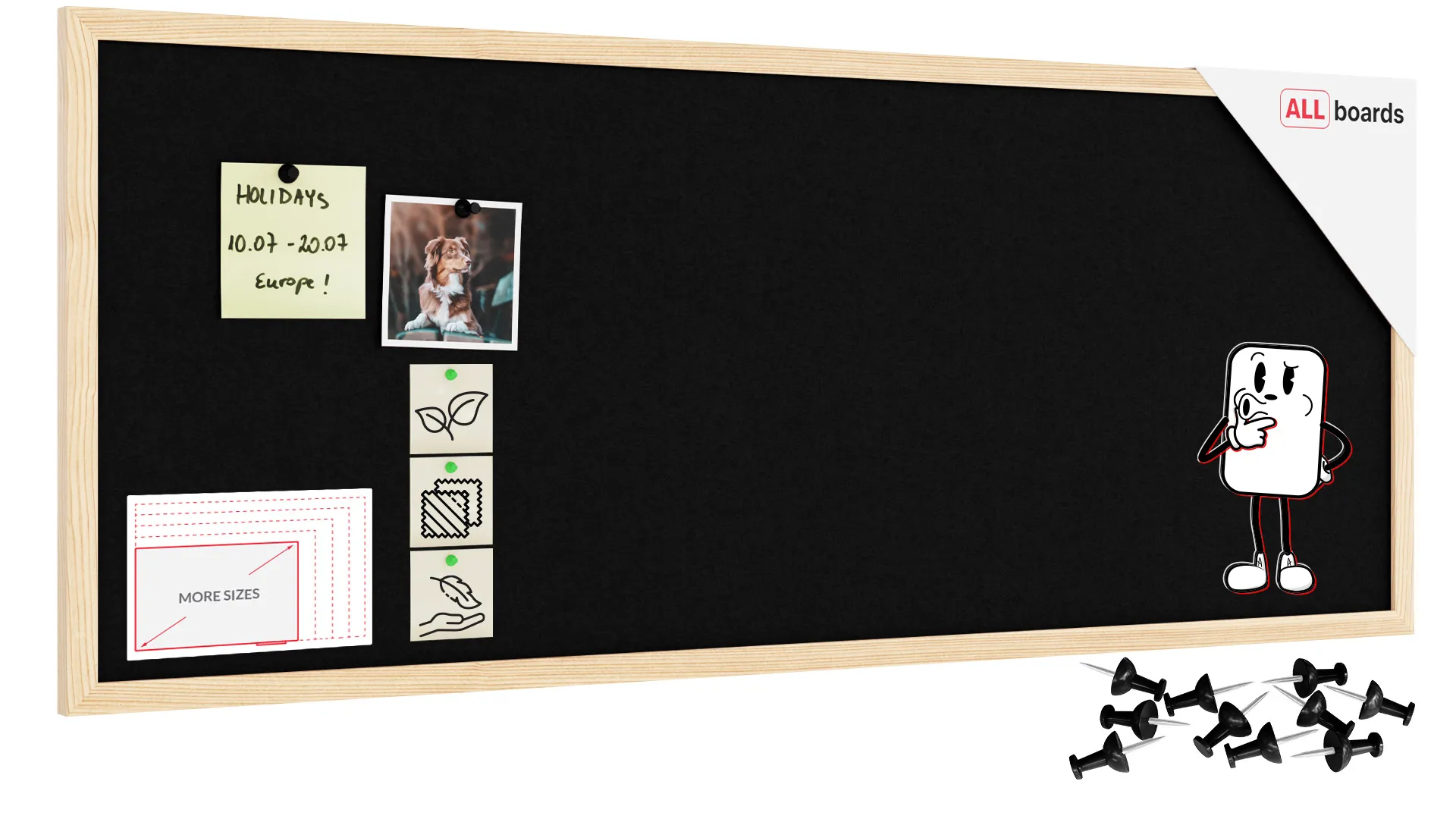 Tableau en feutre 100x40 cm, noir, avec cadre en bois laqué