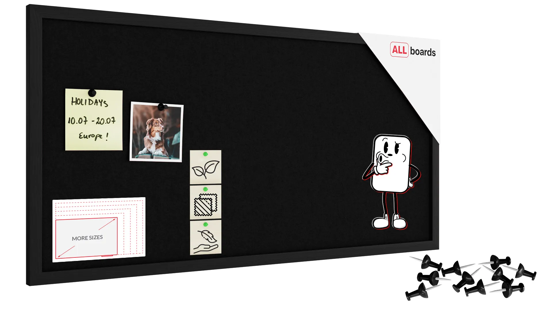 Tableau en feutre 80x40 cm, noir, avec cadre en bois noir