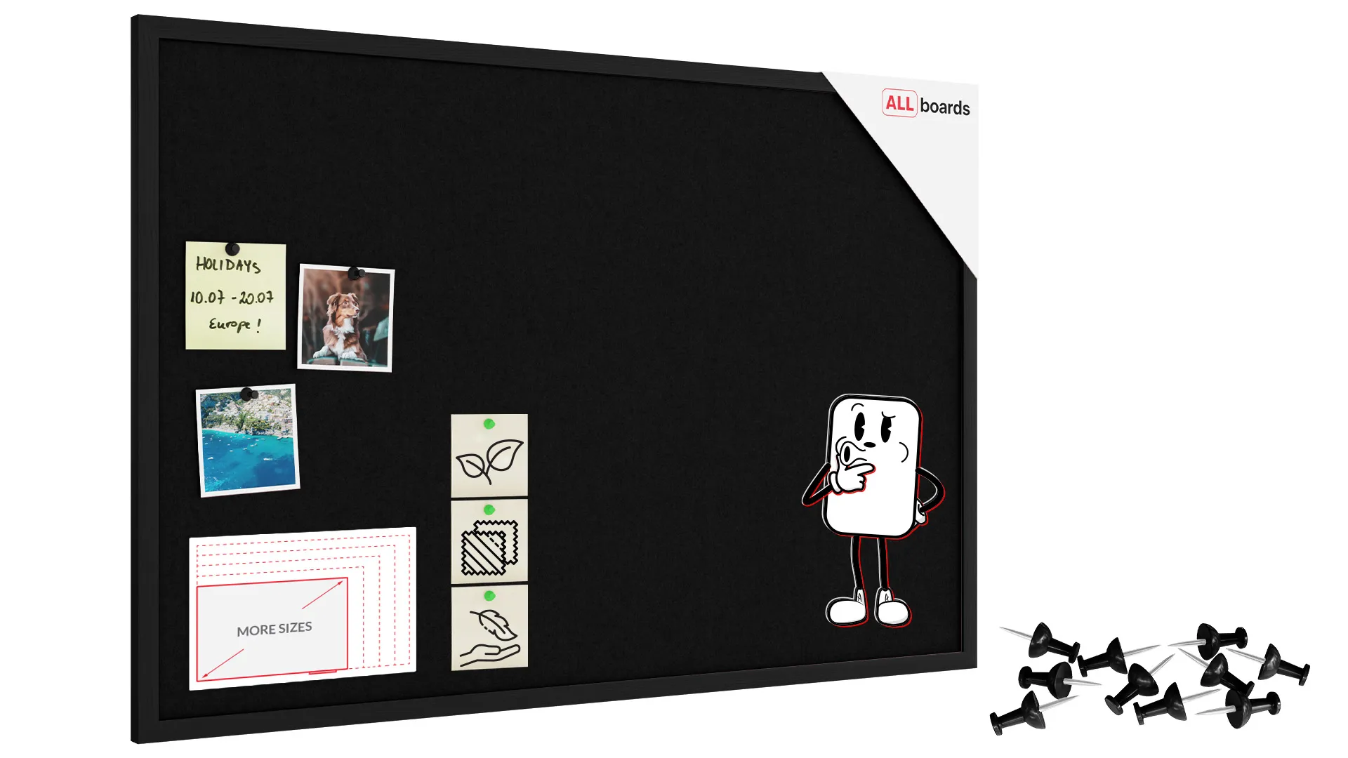Tableau en feutre 90x60 cm, noir, avec cadre en bois noir