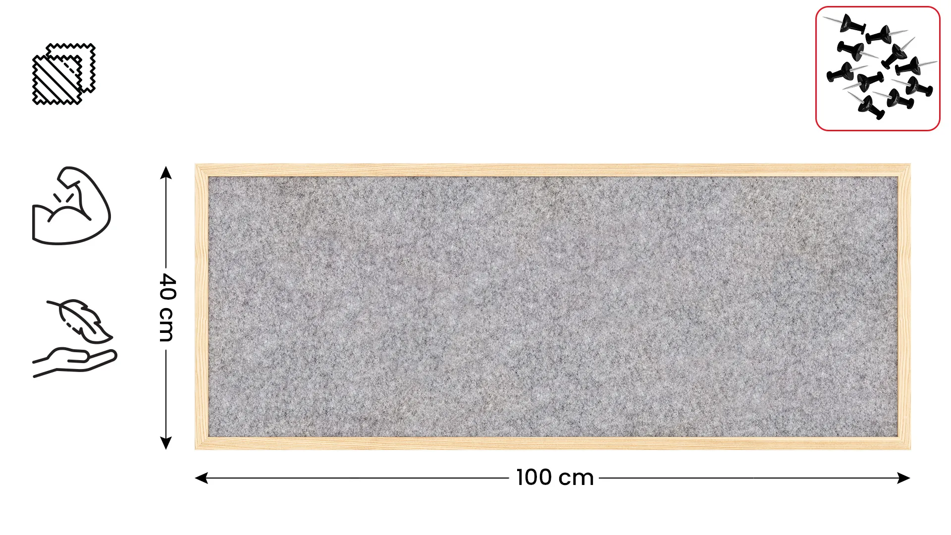 Tableau en feutre 100x40 cm, gris clair, avec cadre en bois laqué – Image 2