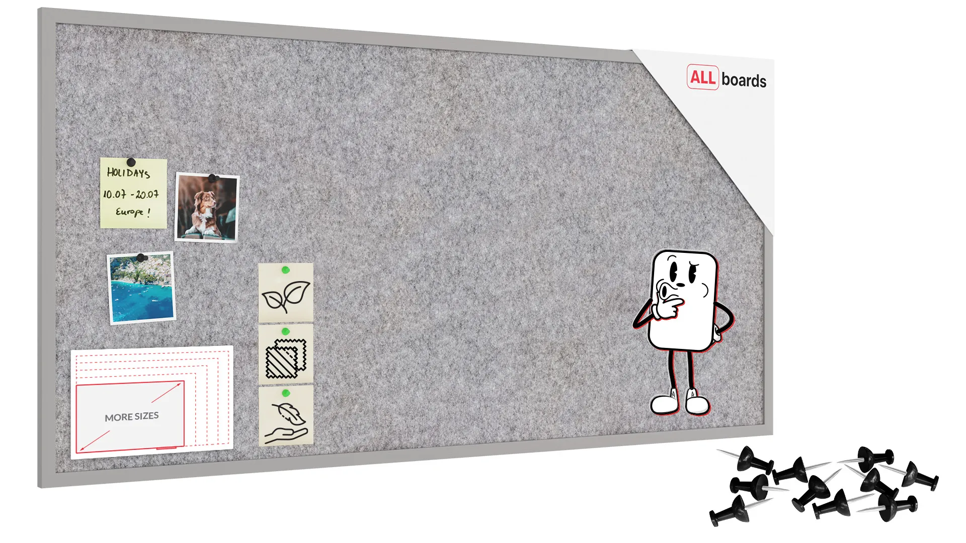 Tableau en feutre 120x60 cm, gris clair, avec cadre en bois gris clair