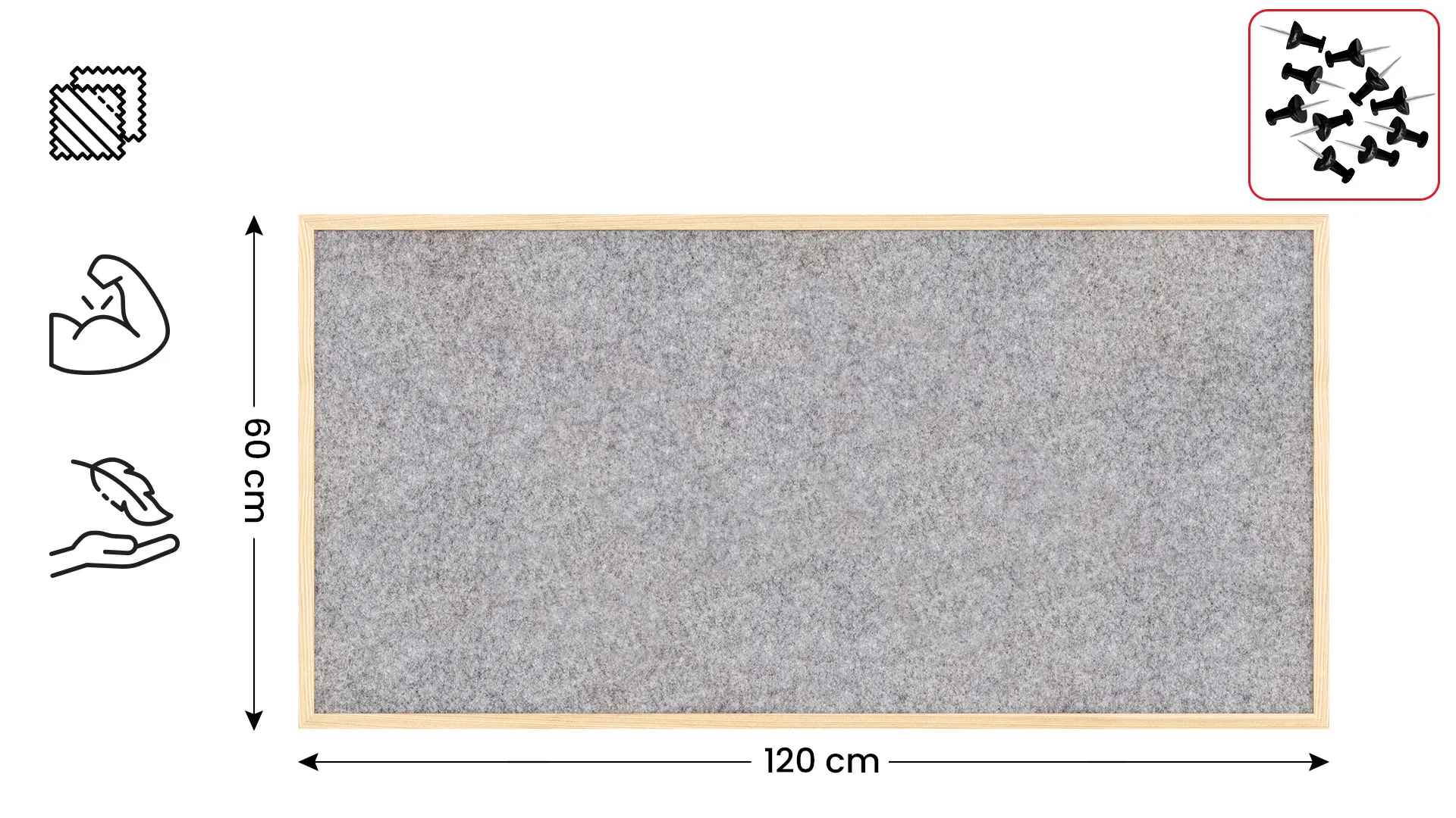 Tableau en feutre 120x60 cm, gris clair, avec cadre en bois laqué – Image 2
