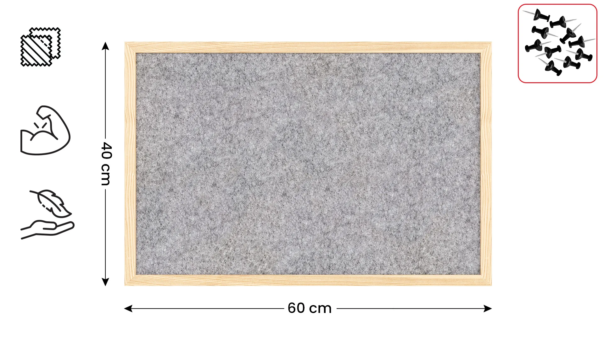 Tableau en feutre 60x40 cm, gris clair, avec cadre en bois laqué – Image 2